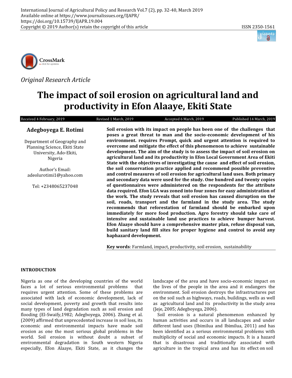 The Impact of Soil Erosion on Agricultural Land and Productivity in Efon Alaaye, Ekiti State