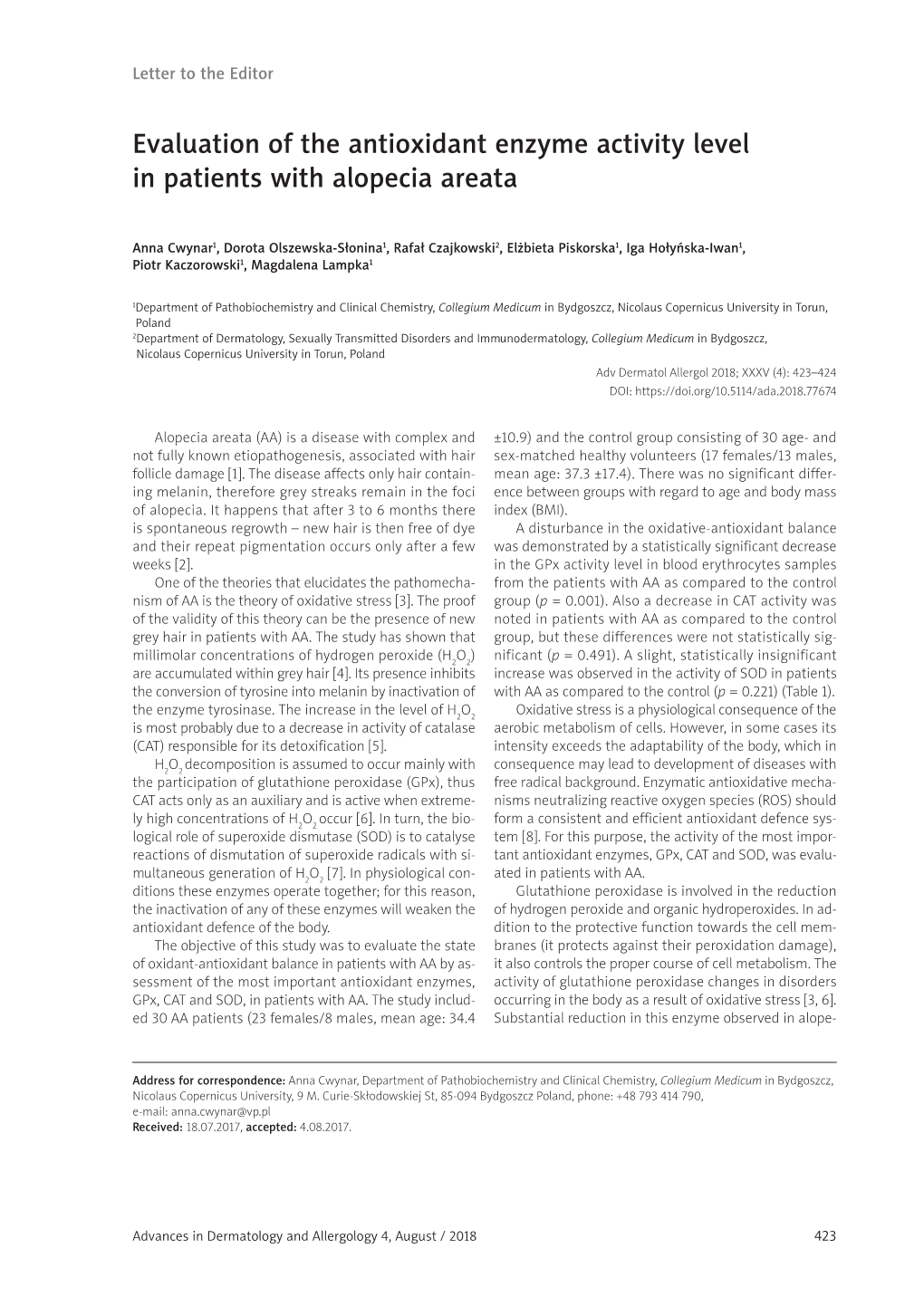 Evaluation of the Antioxidant Enzyme Activity Level in Patients with Alopecia Areata