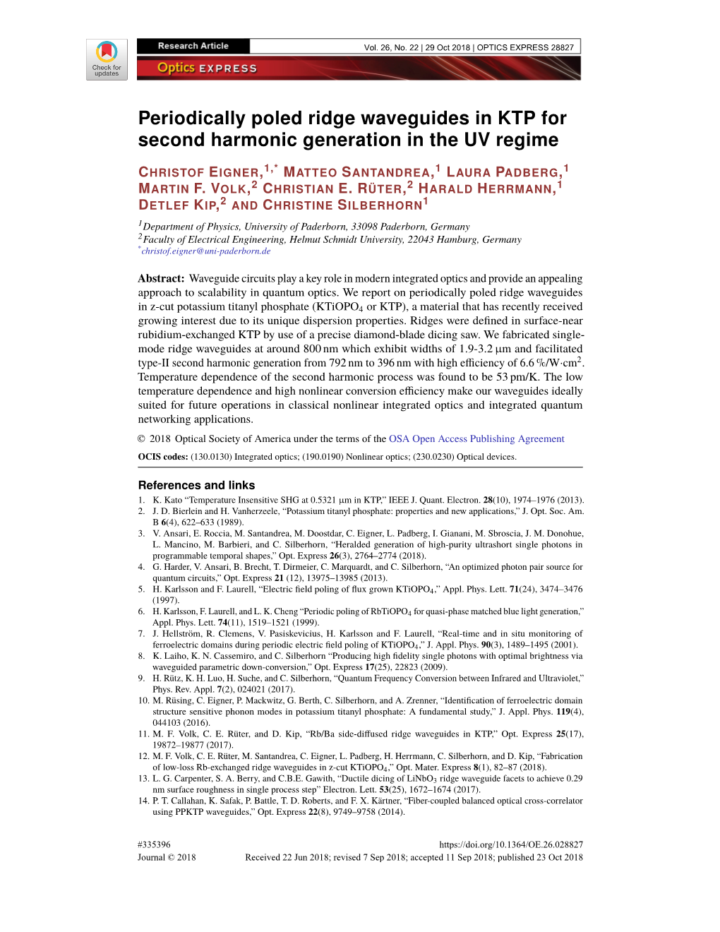 Periodically Poled Ridge Waveguides in KTP for Second Harmonic Generation in the UV Regime