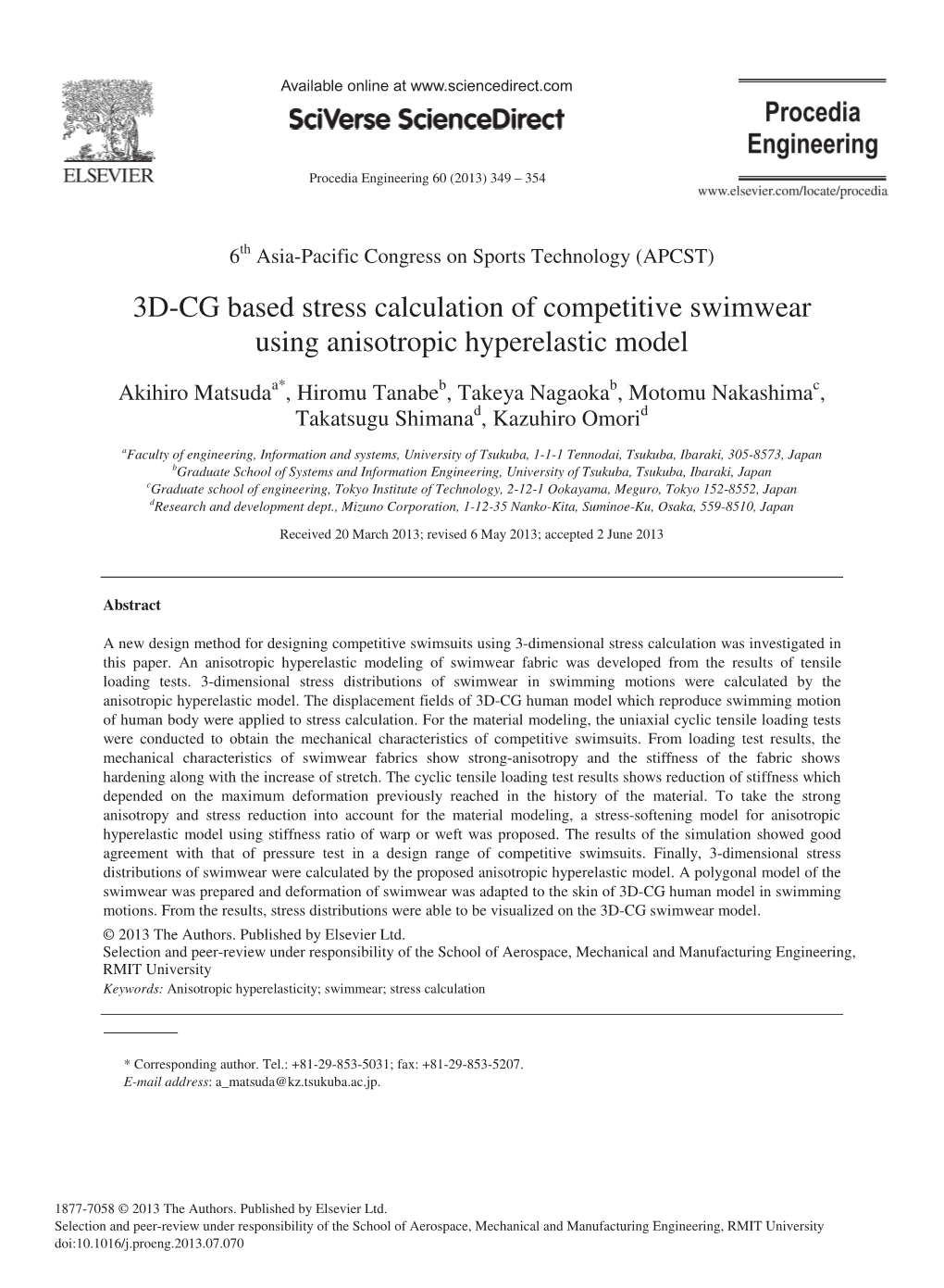 3D-CG Based Stress Calculation of Competitive Swimwear Using Anisotropic Hyperelastic Model