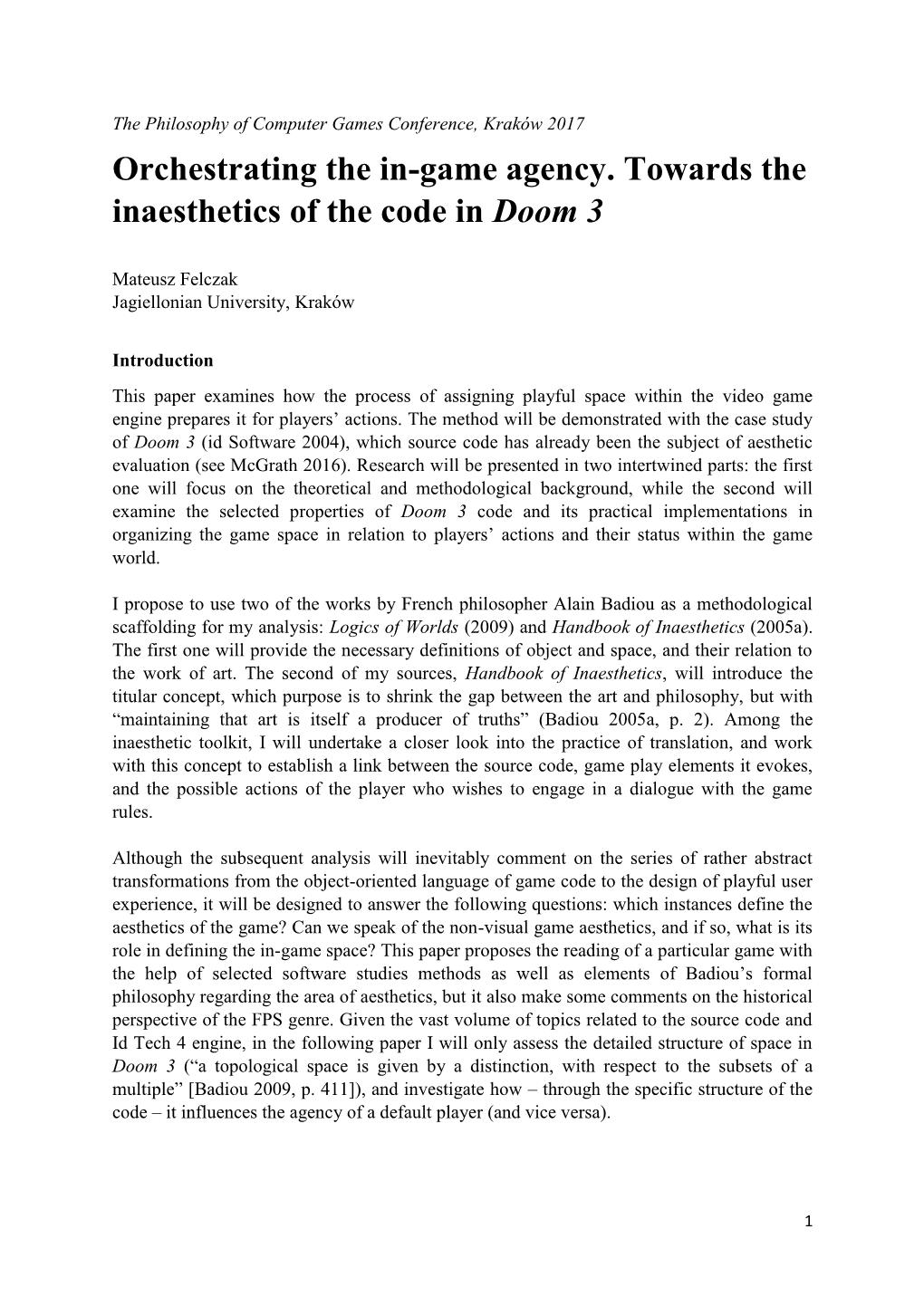 Orchestrating the In-Game Agency. Towards the Inaesthetics of the Code in Doom 3