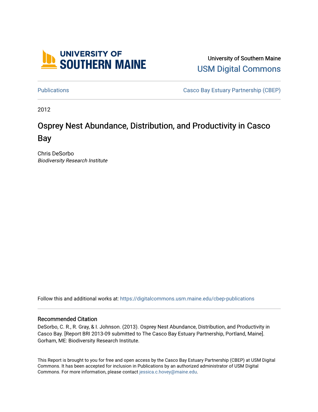 Osprey Nest Abundance, Distribution, and Productivity in Casco Bay