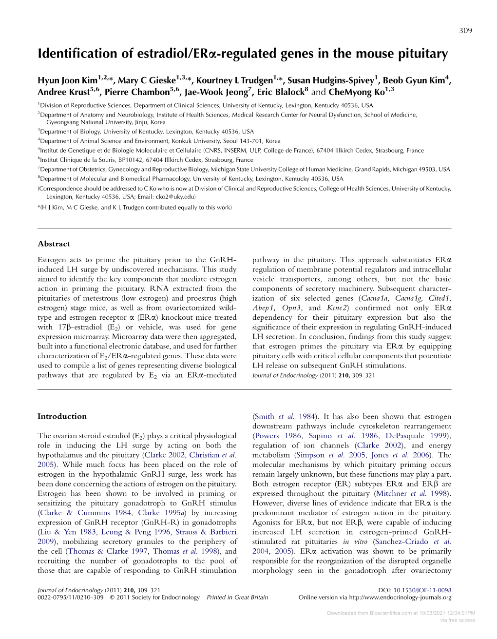 Identification of Estradiol/Era-Regulated Genes in the Mouse Pituitary