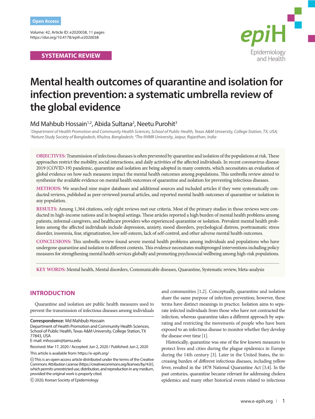 Mental Health Outcomes of Quarantine and Isolation for Infection Prevention: a Systematic Umbrella Review of the Global Evidence