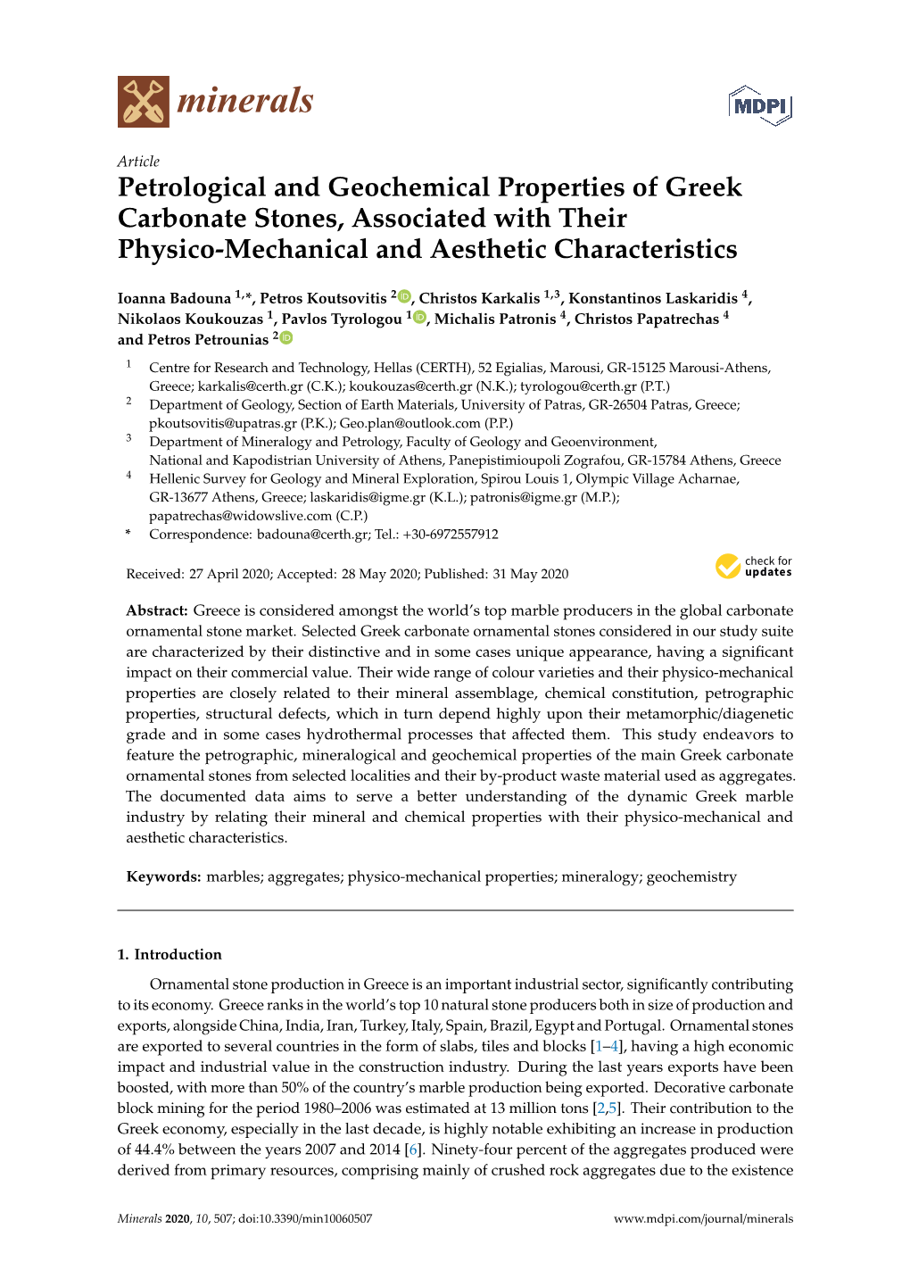 Petrological and Geochemical Properties of Greek Carbonate Stones, Associated with Their Physico-Mechanical and Aesthetic Characteristics