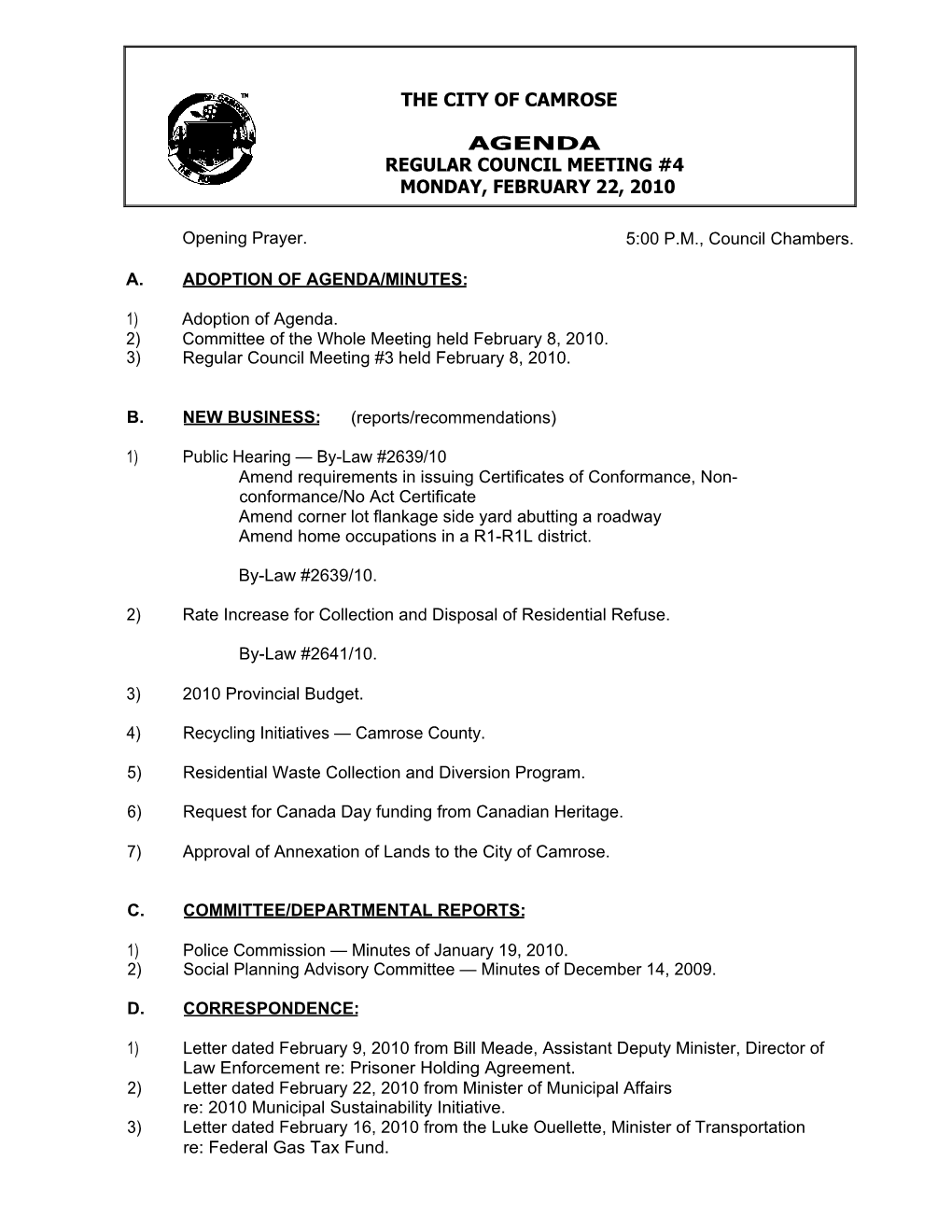 The City of Camrose Agenda Regular Council Meeting #4