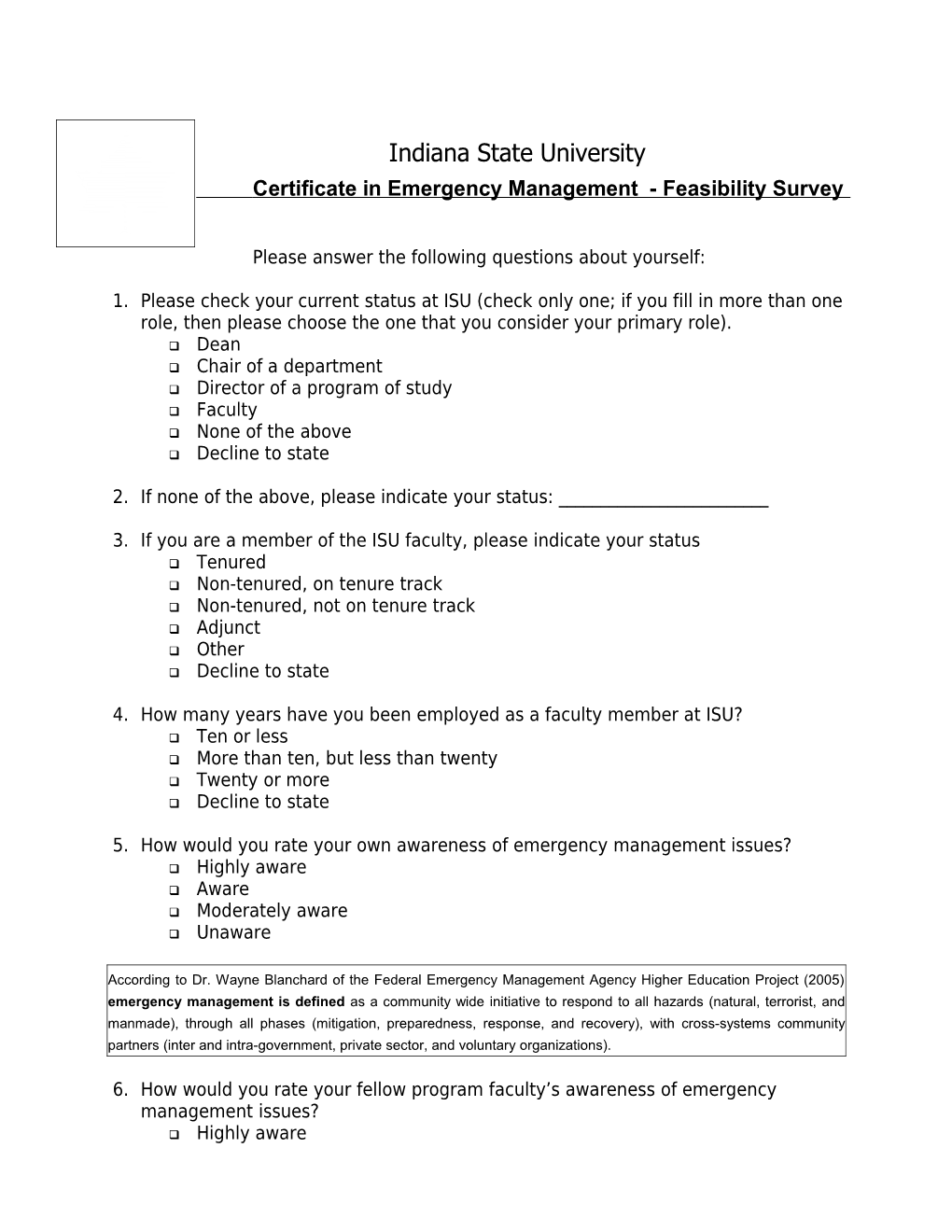 Certificate in Emergency Management Feasibility Survey/ISU Community