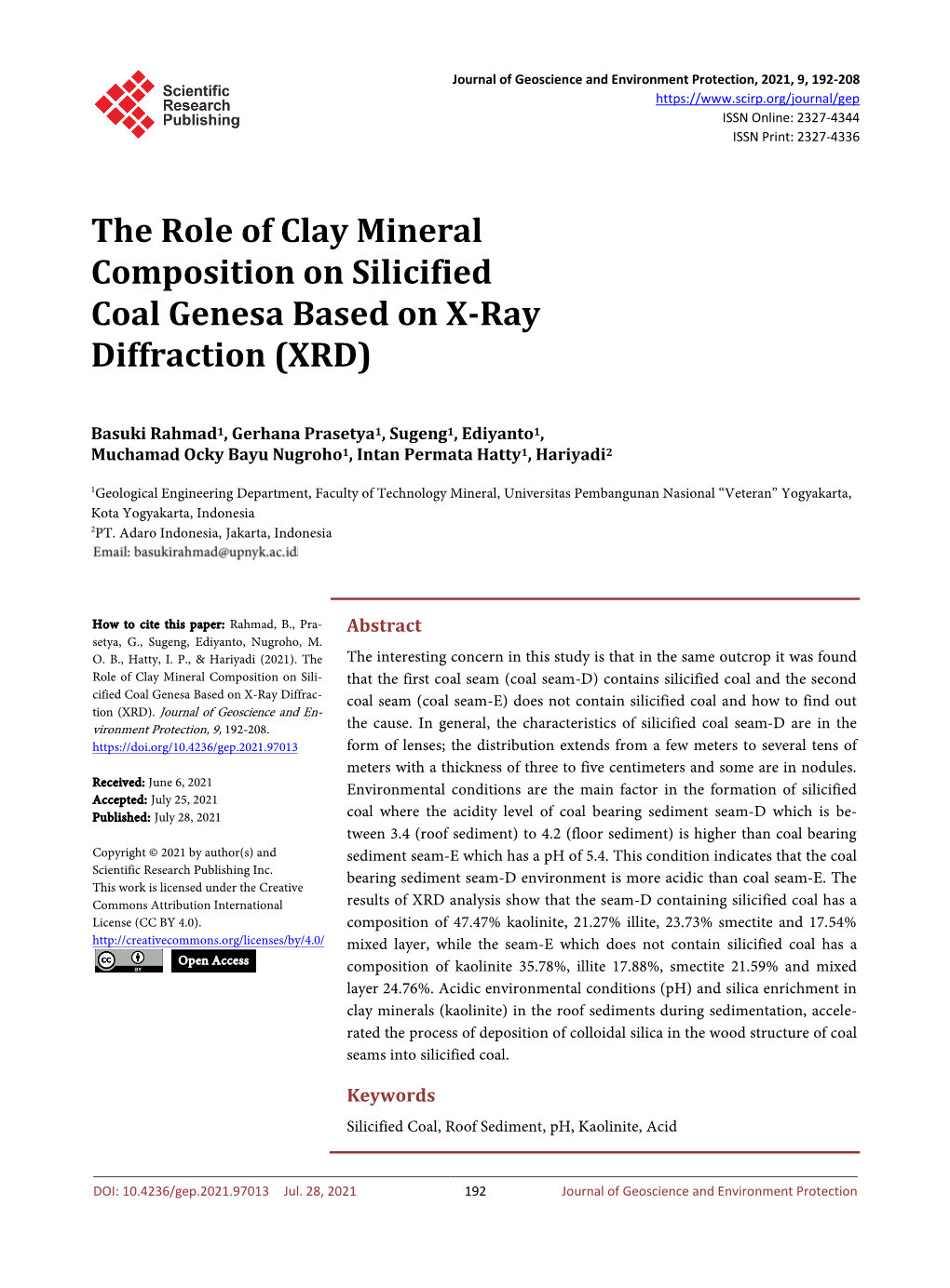 The Role of Clay Mineral Composition on Silicified Coal Genesa Based on X-Ray Diffraction (XRD)