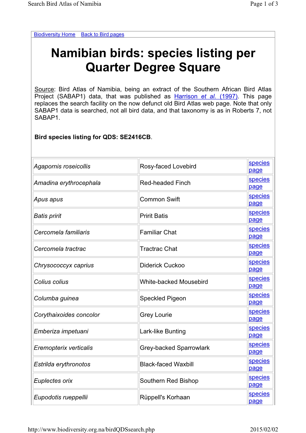 Namibian Birds: Species Listing Per Quarter Degree Square