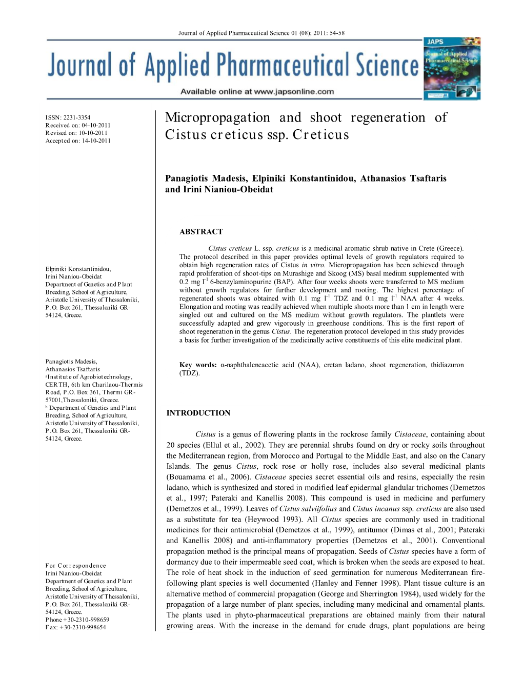 Micropropagation and Shoot Regeneration of Cistus Creticus Ssp