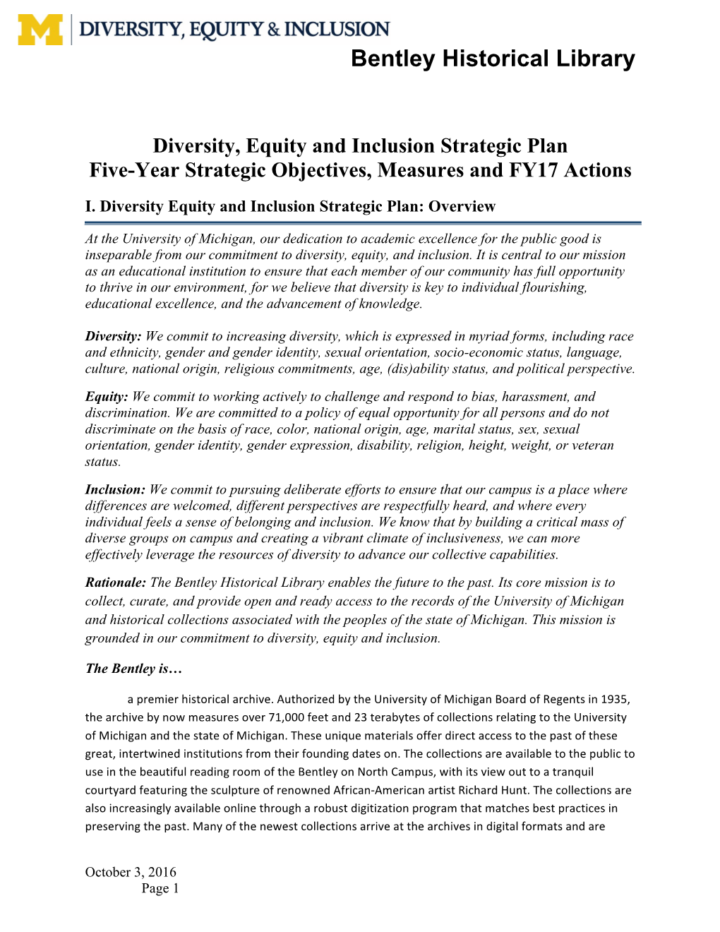 Diversity, Equity and Inclusion Strategic Plan Five-Year Strategic Objectives, Measures and FY17 Actions