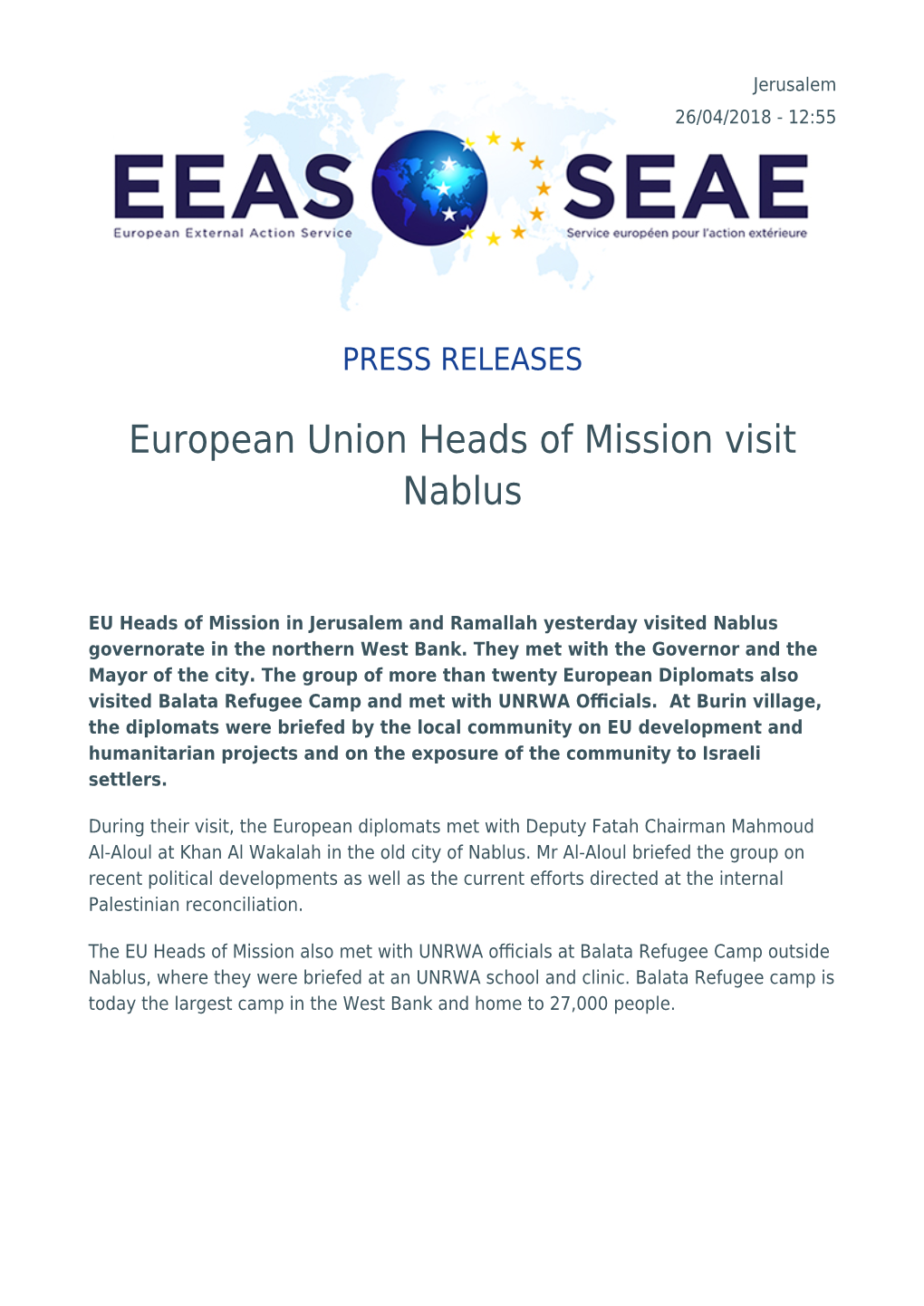 European Union Heads of Mission Visit Nablus