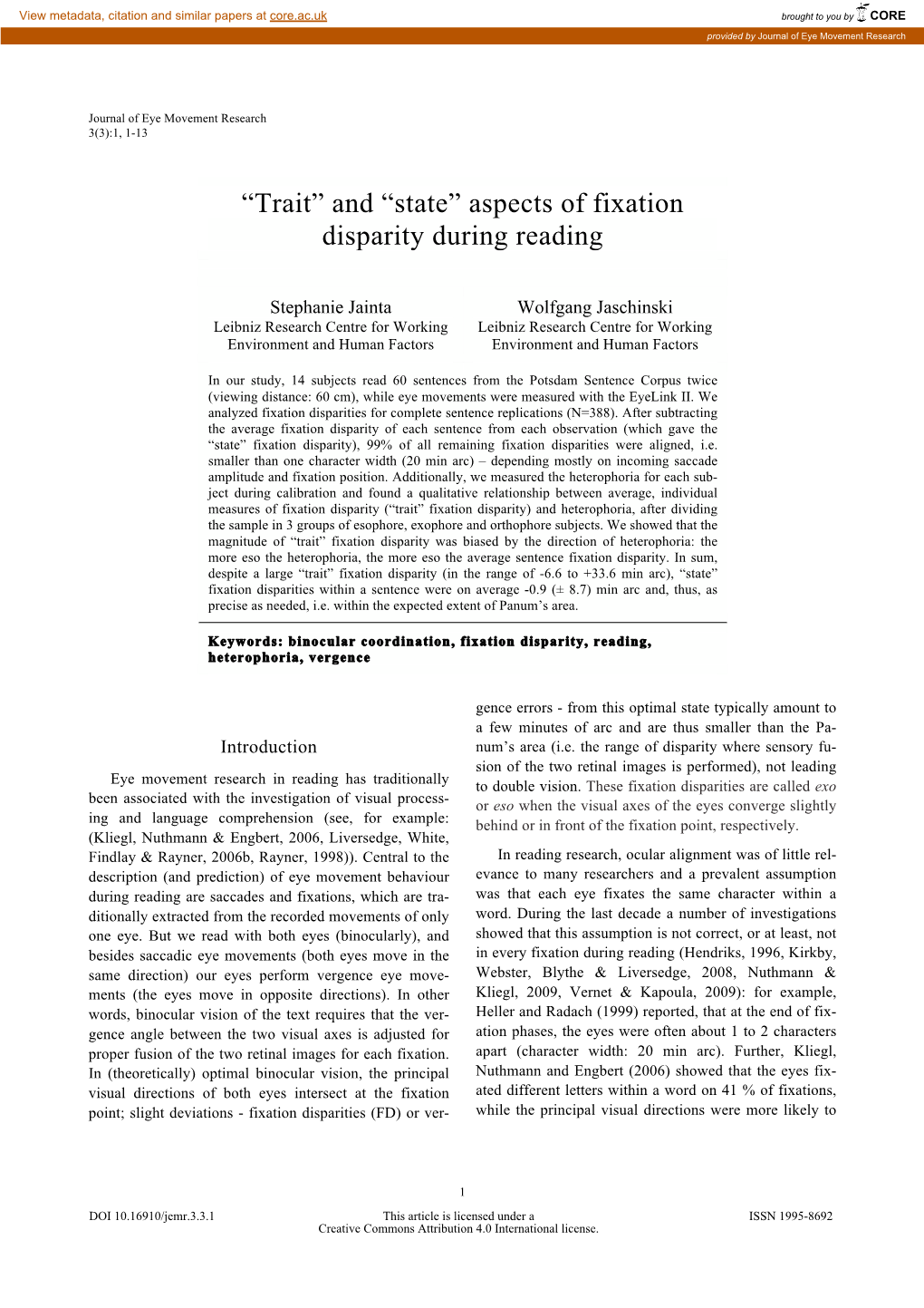 Aspects of Fixation Disparity During Reading