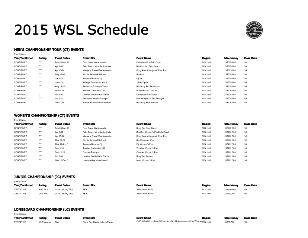 2015 WSL Schedule