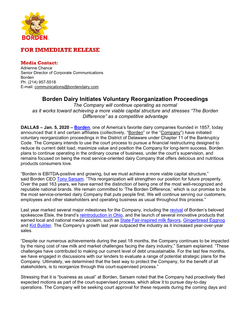 FOR IMMEDIATE RELEASE Borden Dairy Initiates Voluntary