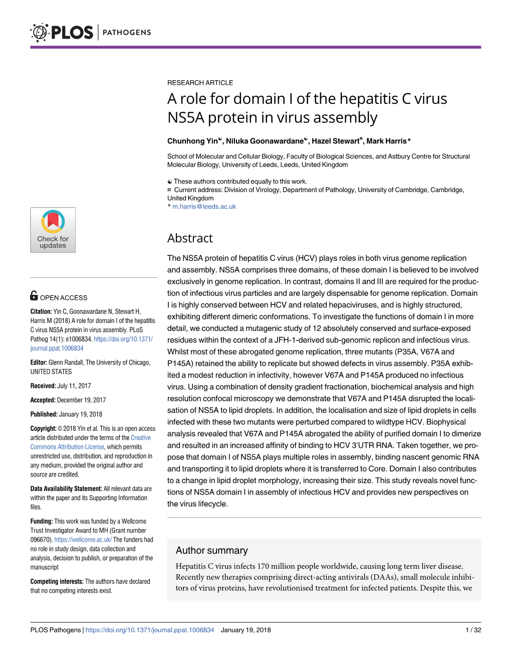 A Role for Domain I of the Hepatitis C Virus NS5A Protein in Virus Assembly