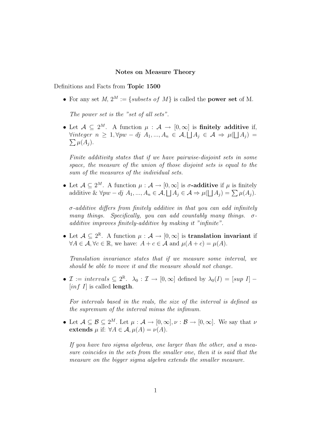 Notes on Measure Theory Definitions and Facts from Topic 1500 • for Any