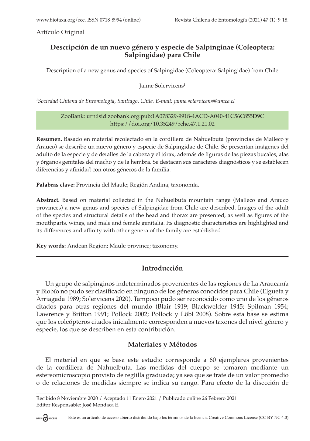 Descripción De Un Nuevo Género Y Especie De Salpinginae (Coleoptera: Salpingidae) Para Chile