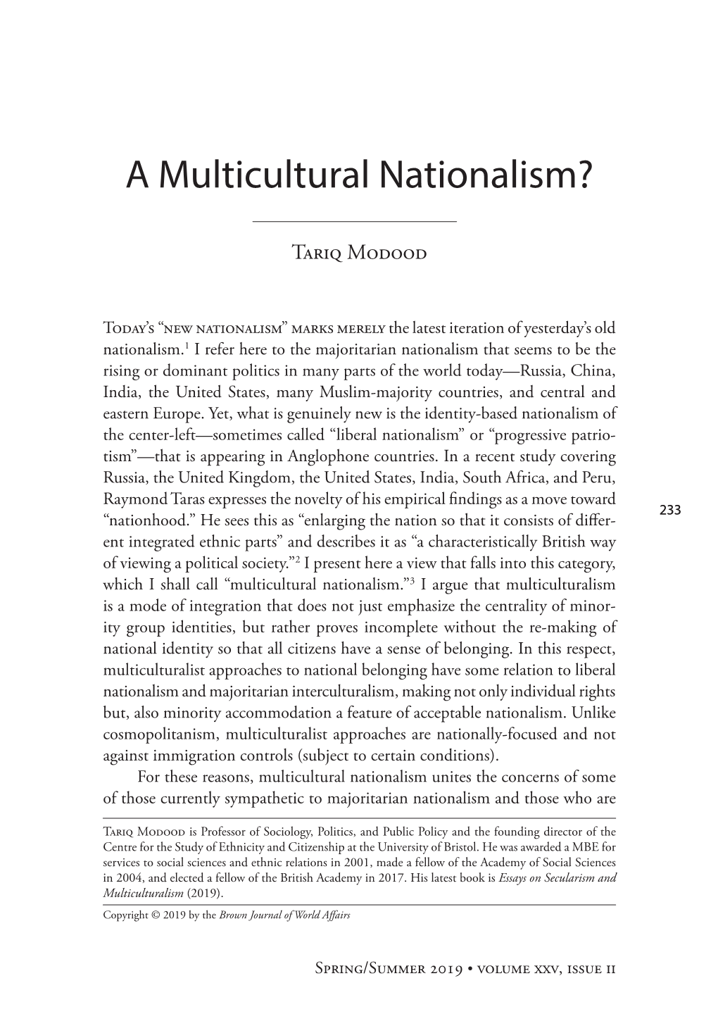 A Multicultural Nationalism?