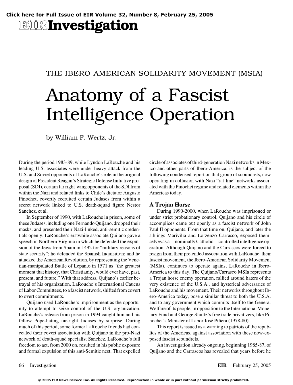 THE IBERO-AMERICAN SOLIDARITY MOVEMENT (MSIA) Anatomy of a Fascist Intelligence Operation