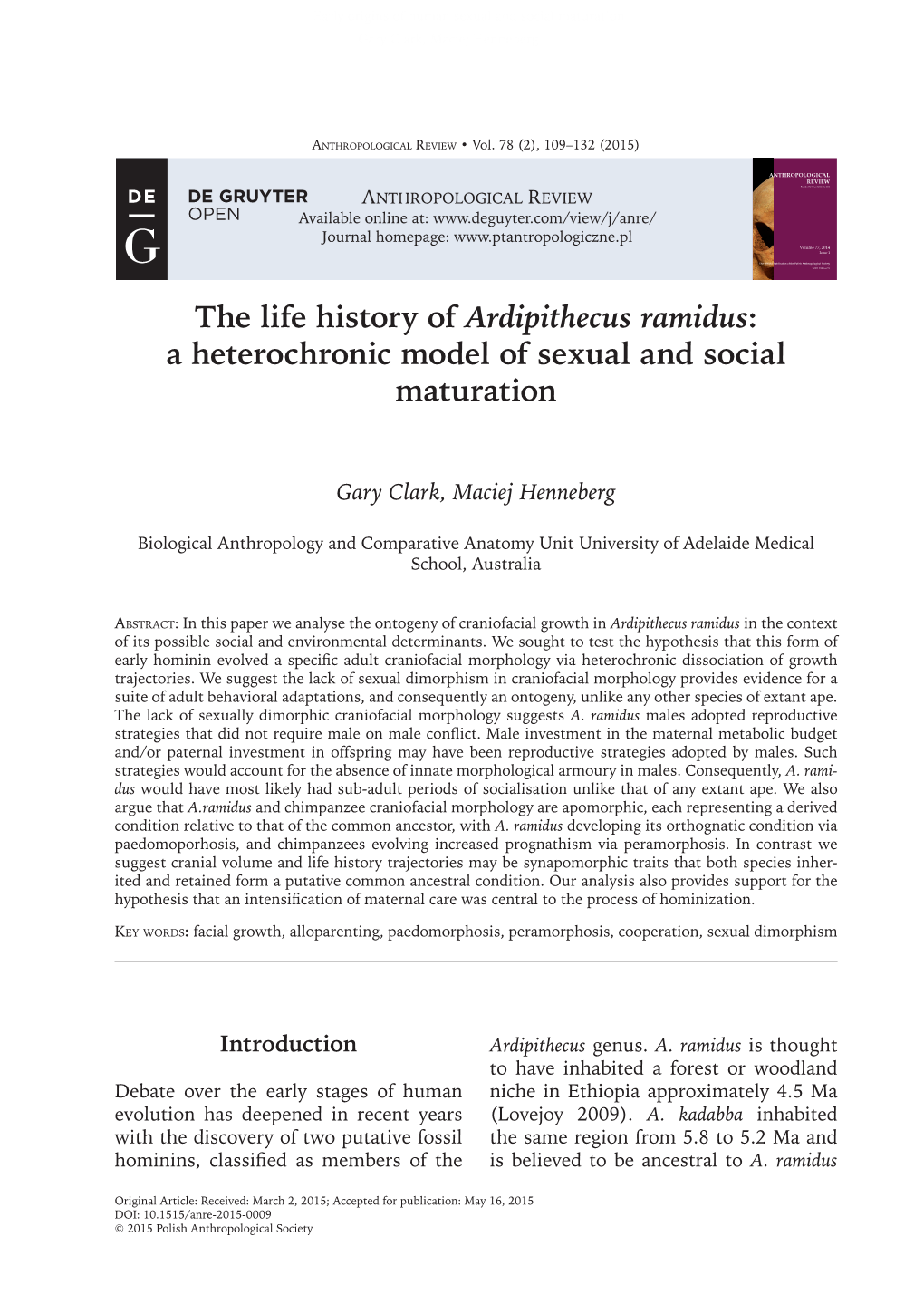 The Life History of Ardipithecus Ramidus: a Heterochronic Model of Sexual and Social Maturation