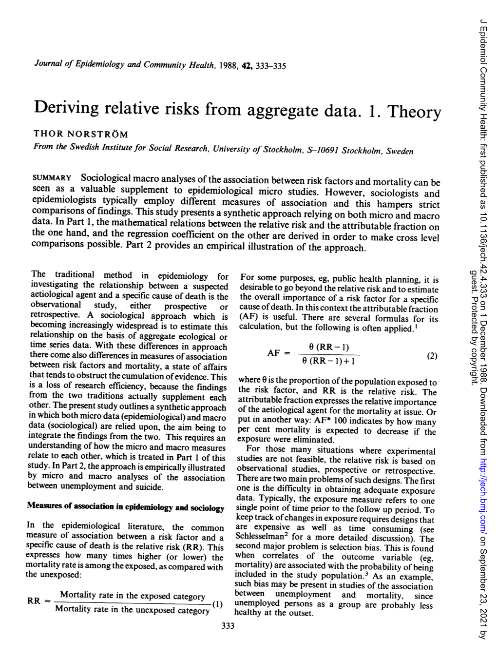 Deriving Relative Risks from Aggregate Data. 1. Theory