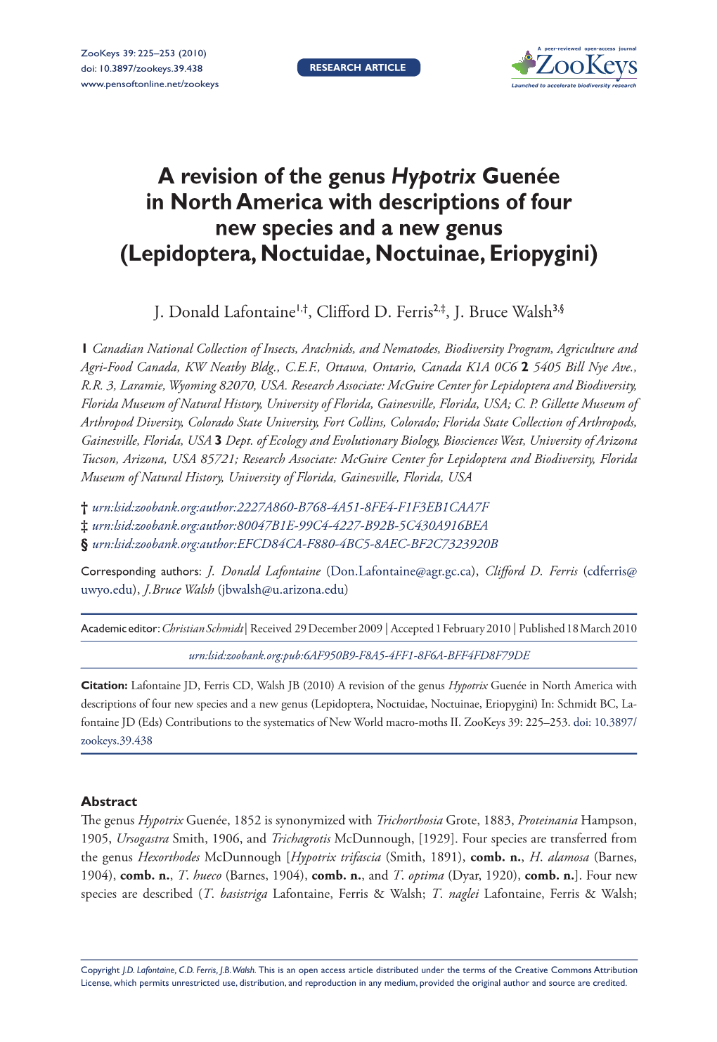 A Revision of the Genus Hypotrix Guenée in North America with Descriptions of Four New Species and a New Genus (Lepidoptera, Noctuidae, Noctuinae, Eriopygini)