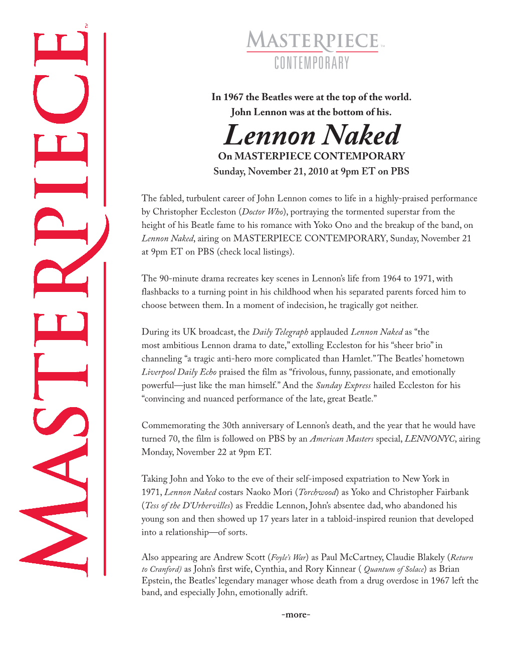 Lennon Naked, Airing on MASTERPIECE CONTEMPORARY, Sunday, November 21 at 9Pm ET on PBS (Check Local Listings)