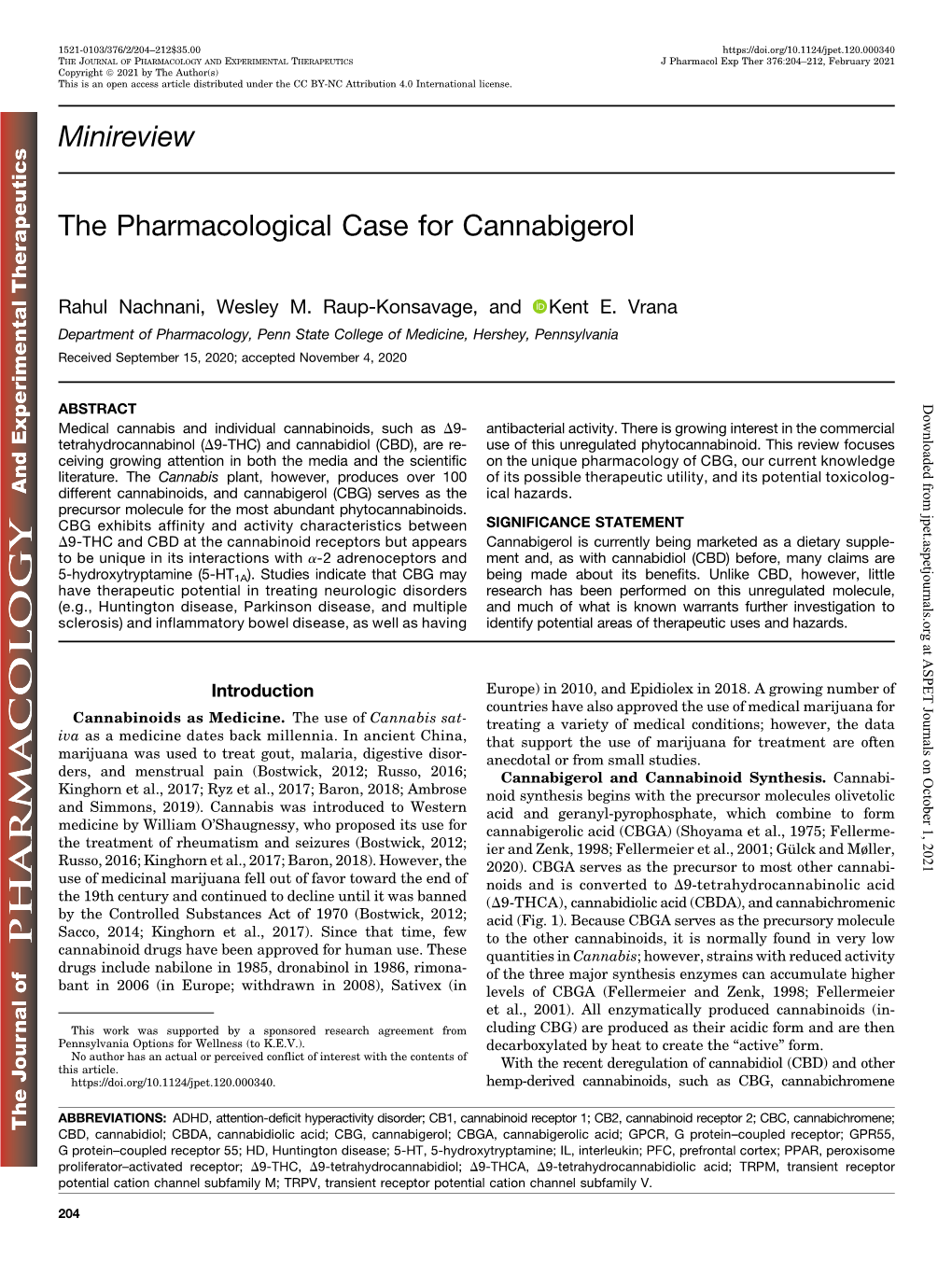 Minireview the Pharmacological Case for Cannabigerol