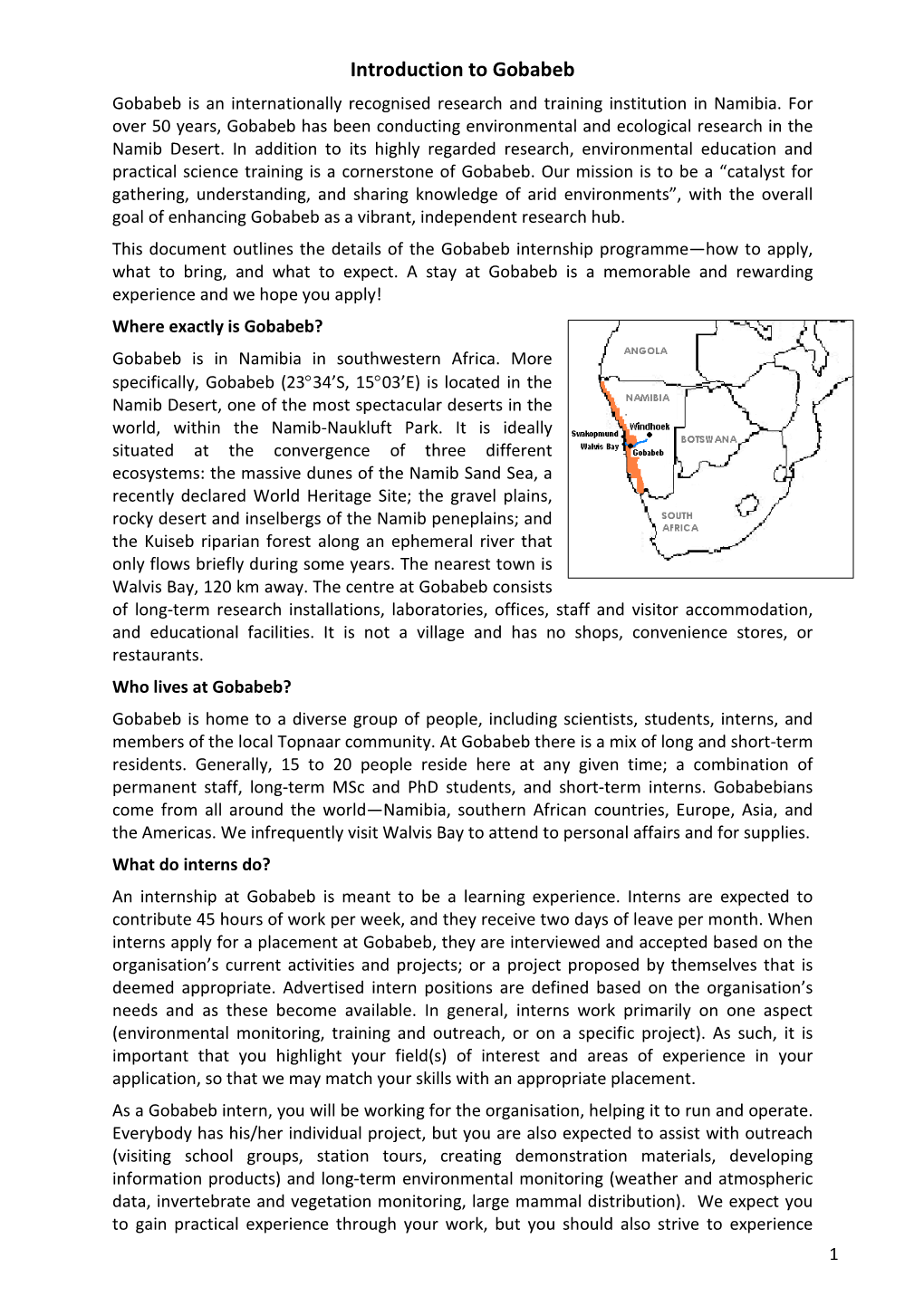 Introduction to Gobabeb Gobabeb Is an Internationally Recognised Research and Training Institution in Namibia