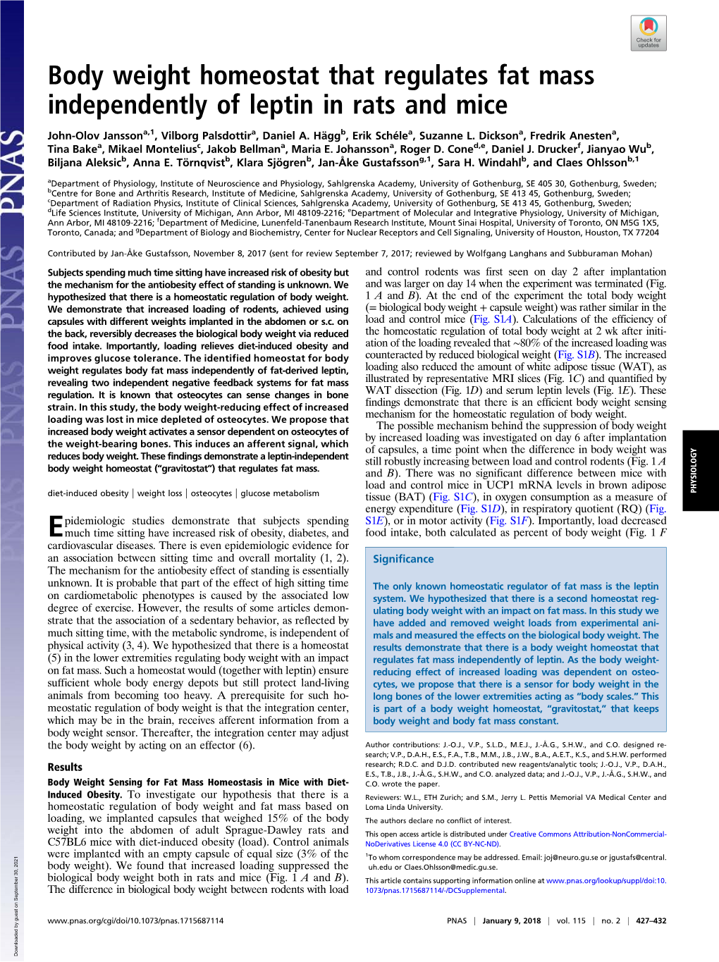 Body Weight Homeostat That Regulates Fat Mass Independently of Leptin in Rats and Mice