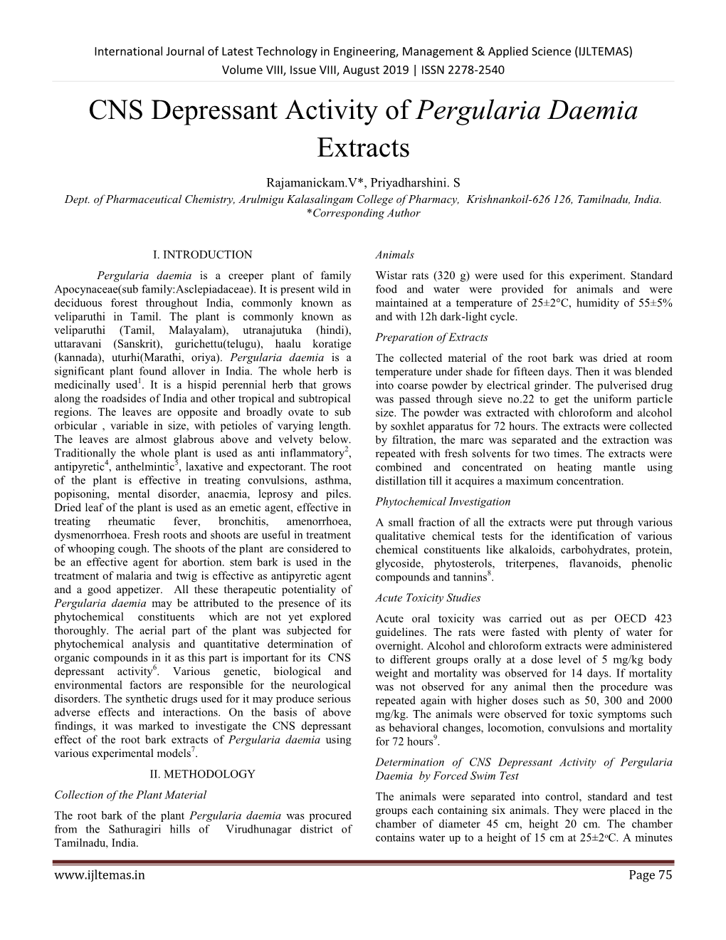 CNS Depressant Activity of Pergularia Daemia Extracts