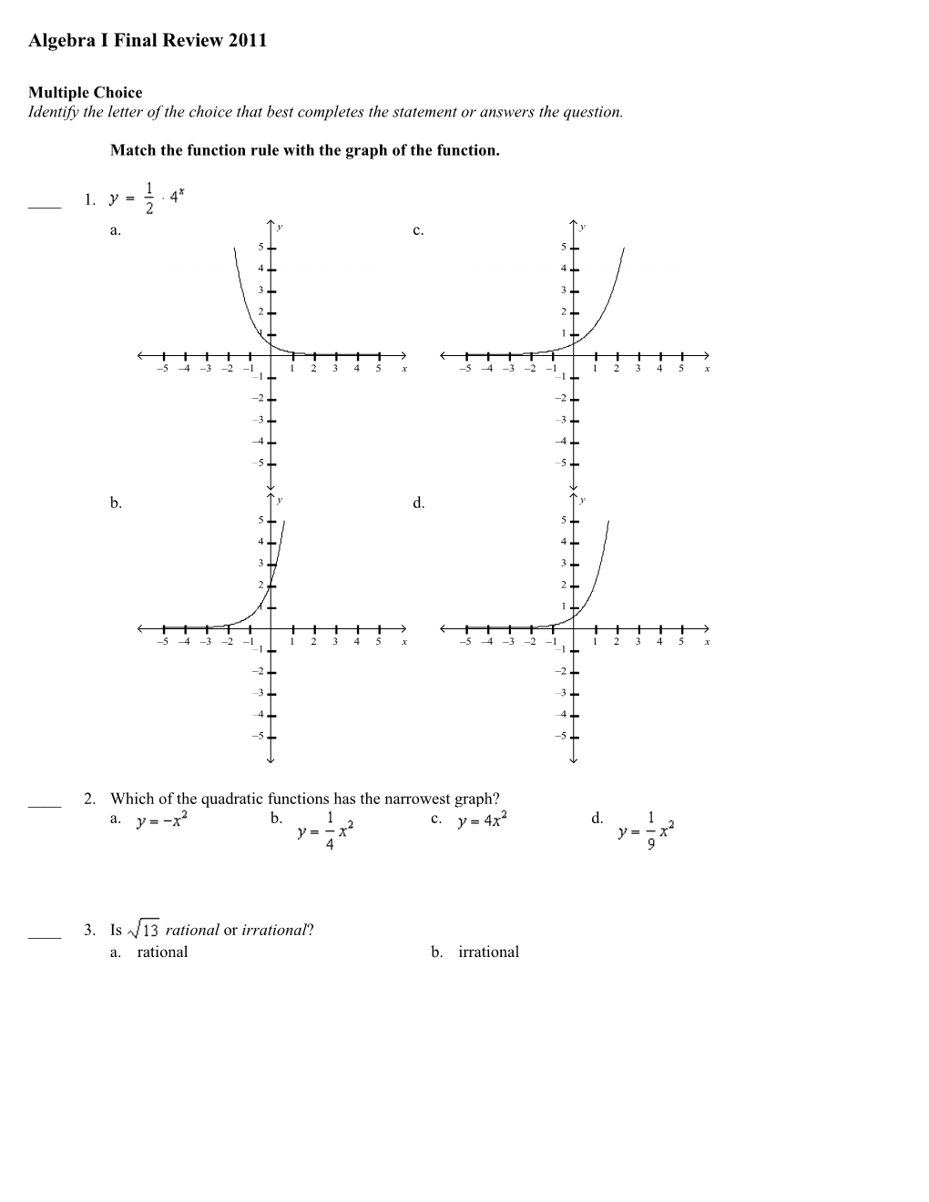 Algebra I Final Review 2011