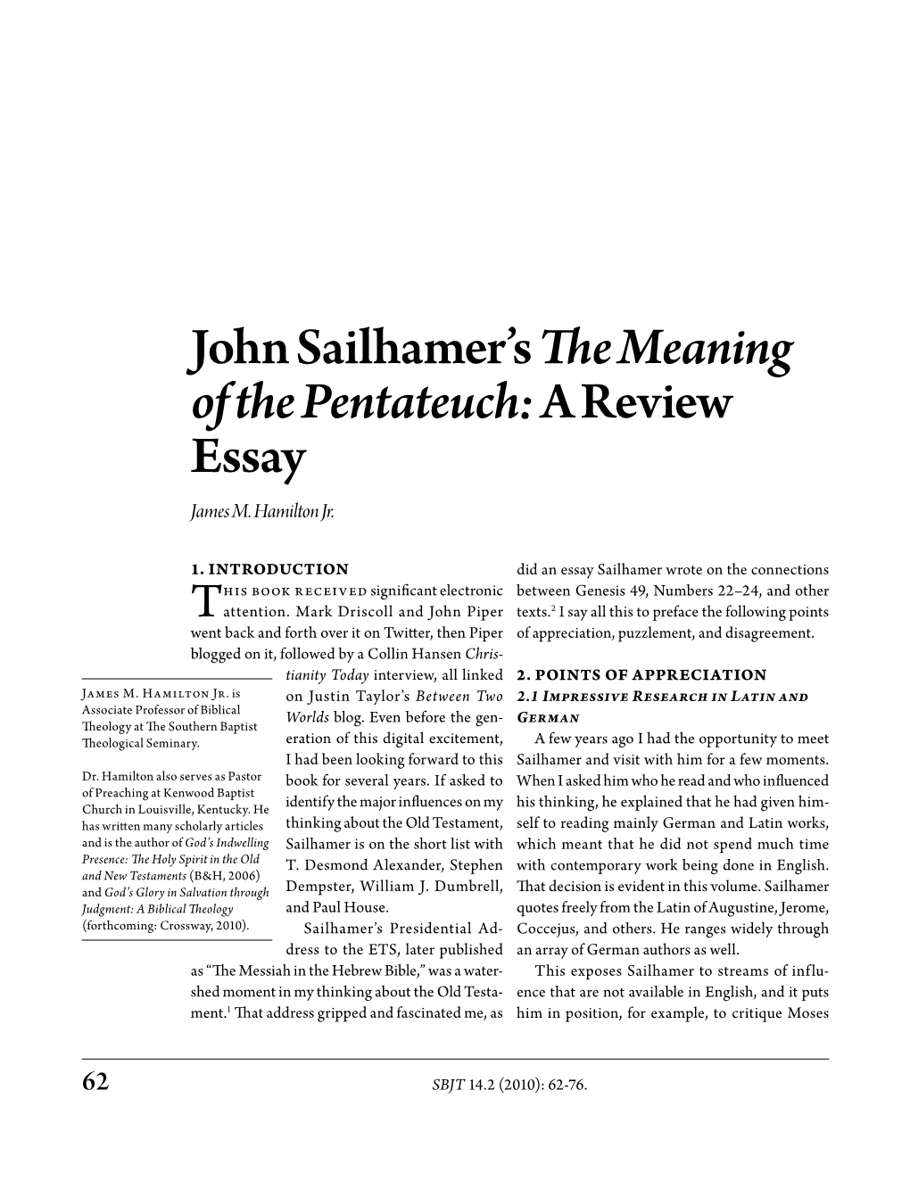 John Sailhamer's the Meaning of the Pentateuch: a Review Essay