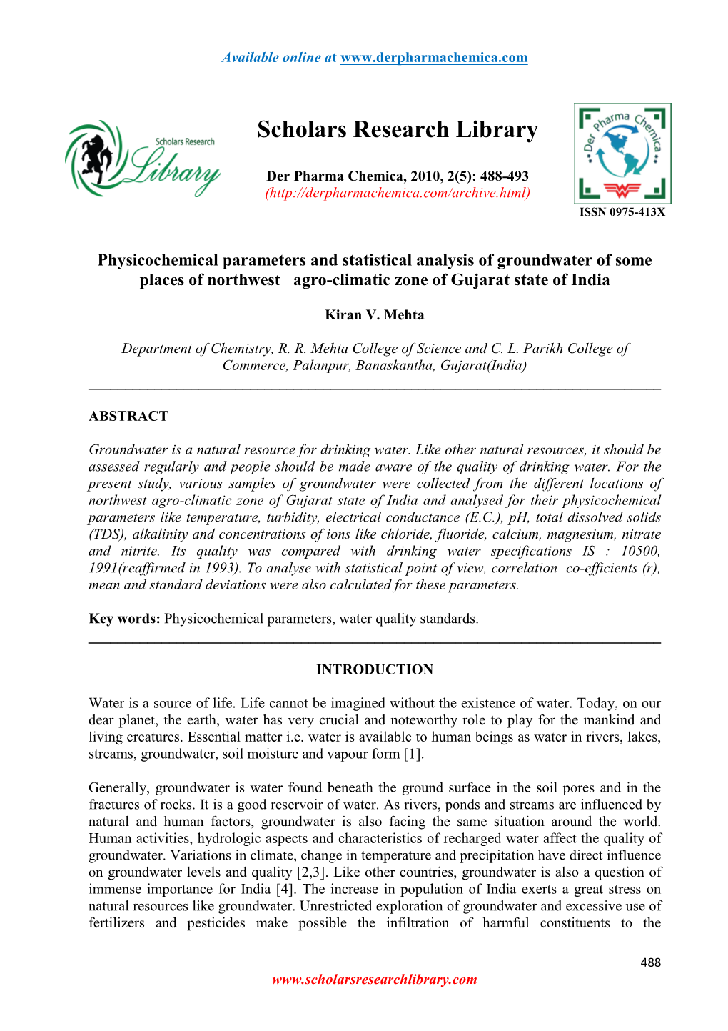 Physicochemical Parameters and Statistical Analysis of Groundwater of Some Places of Northwest Agro-Climatic Zone of Gujarat State of India