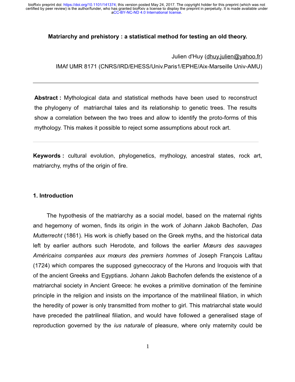 Matriarchy and Prehistory: a Statistical Method for Testing an Old Theory