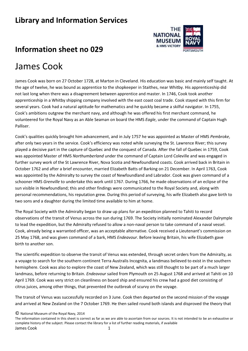 James Cook Info Sheet