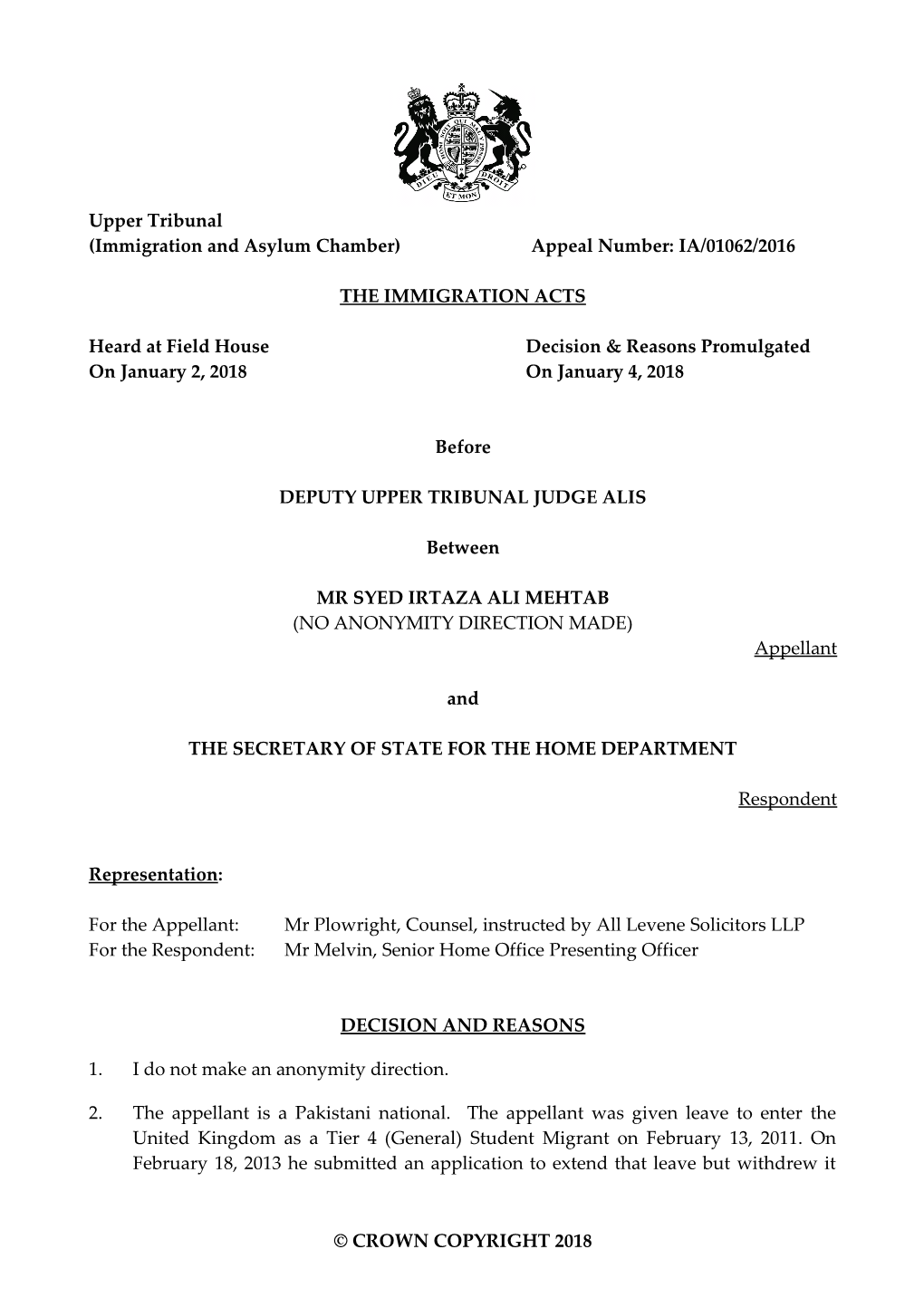 (Immigration and Asylum Chamber) Appeal Number: IA/01062/2016