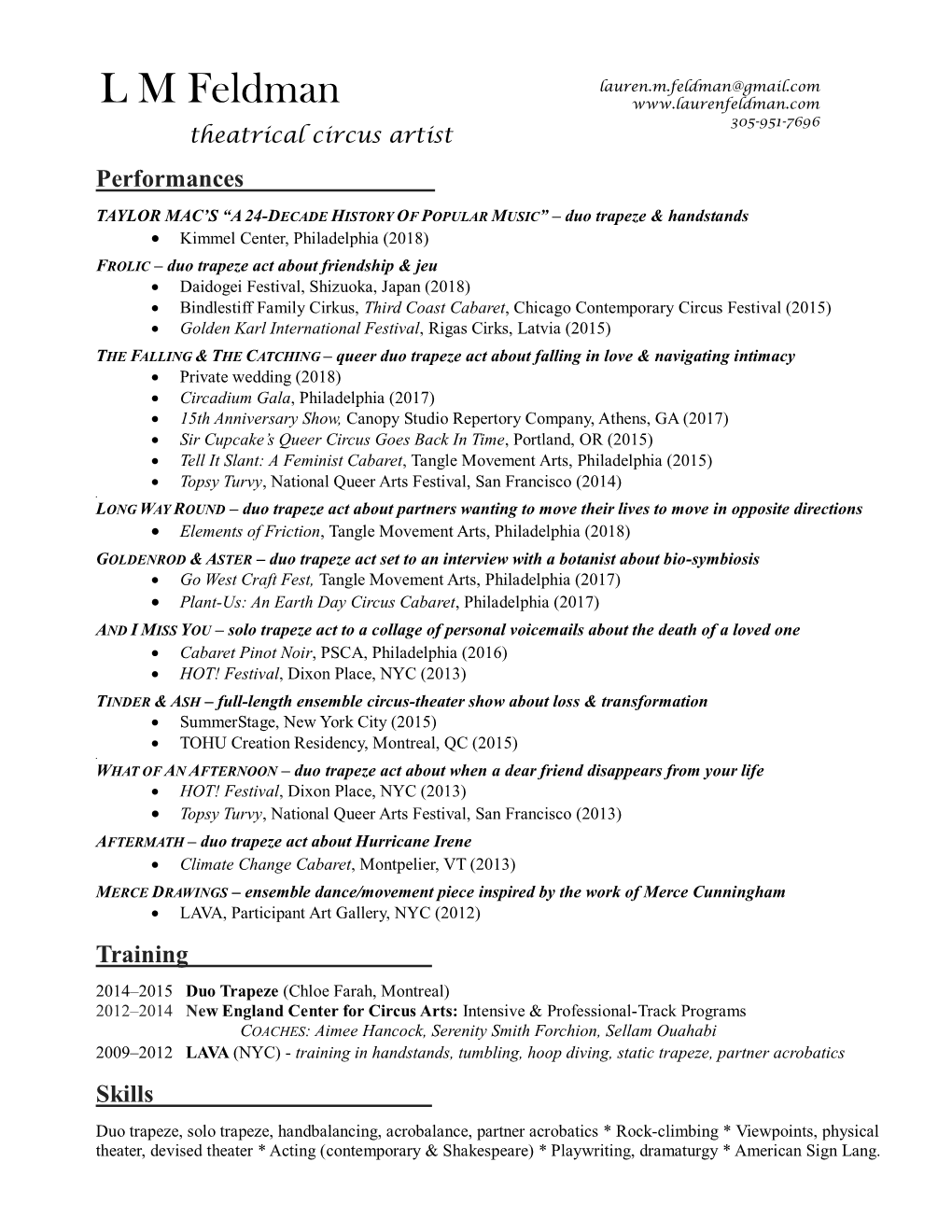 Circus Performance Resume