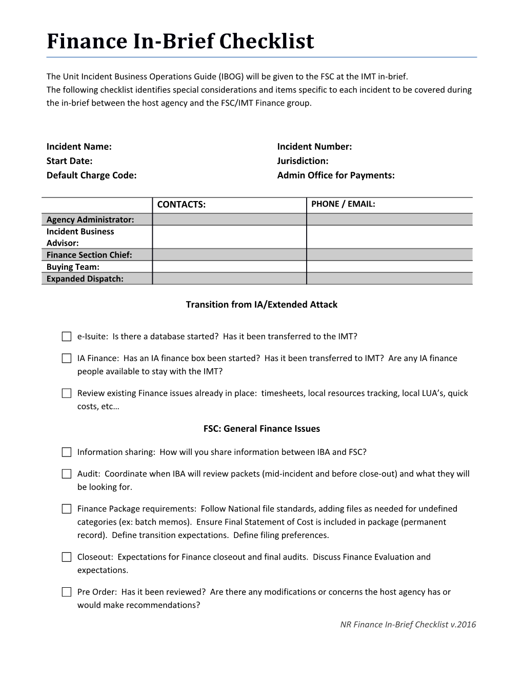 NR Finance In-Brief Checklist