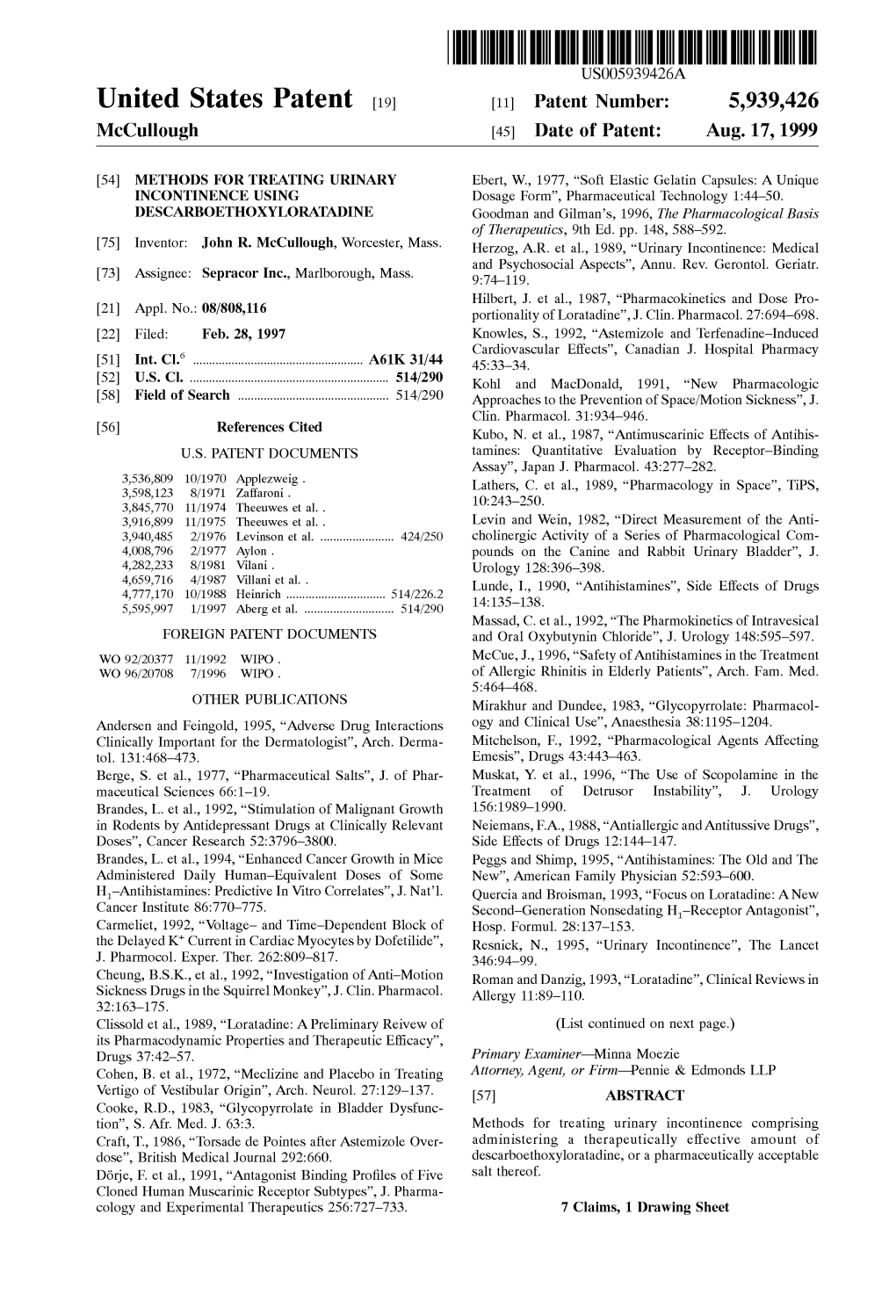 United States Patent (19) 11 Patent Number: 5,939.426 Mccullough (45) Date of Patent: Aug