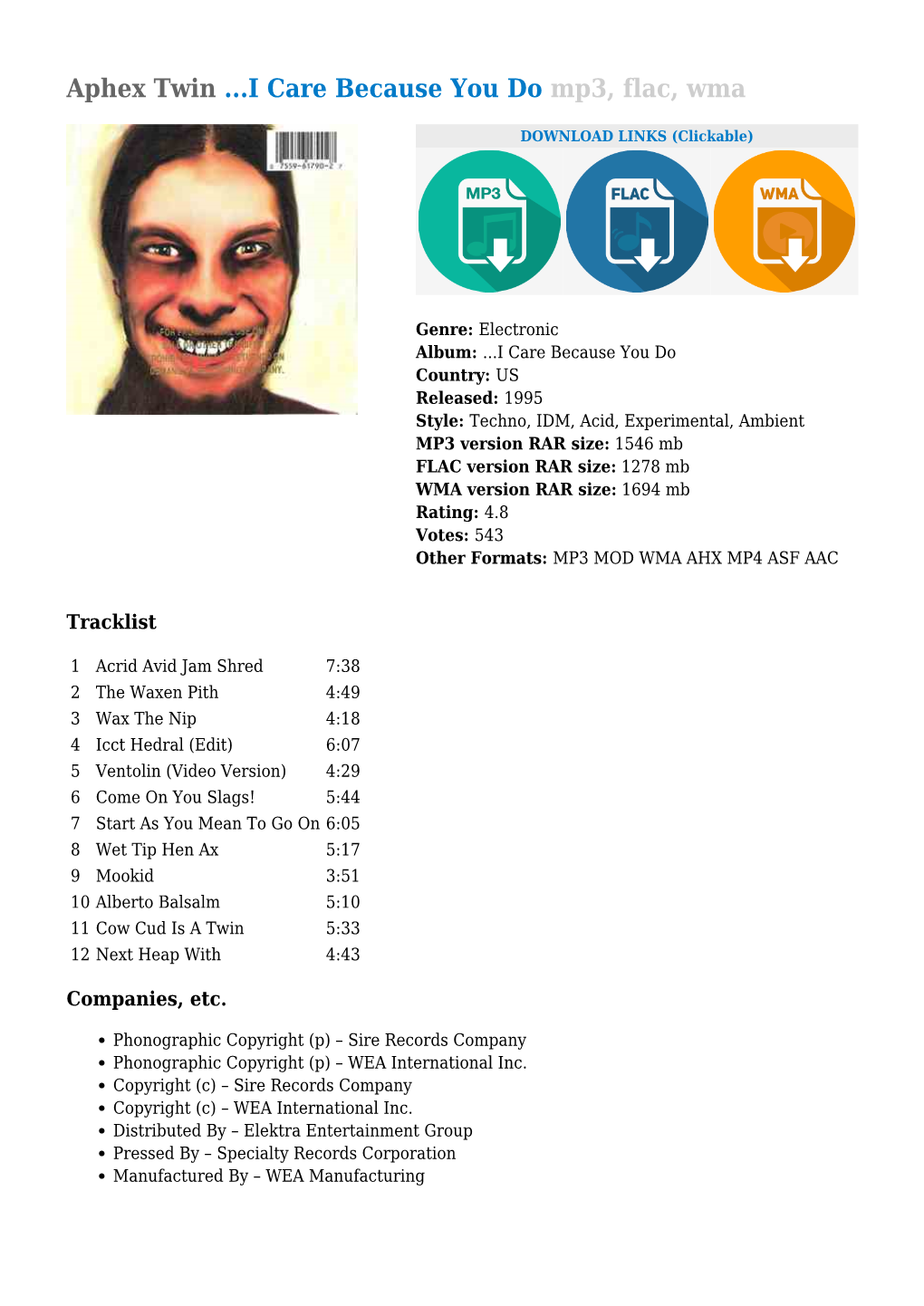 Aphex Twin ...I Care Because You Do Mp3, Flac, Wma