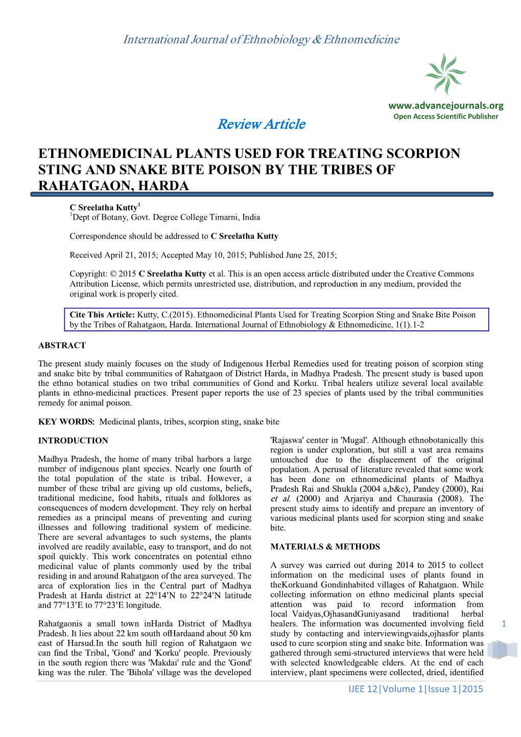 Ethnomedicinal Plants Used for Treating Scorpion Sting and Snake Bite Poison by the Tribes of Rahatgaon, Harda