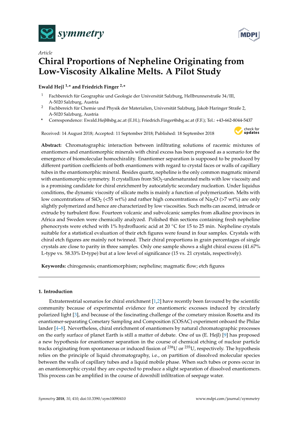 Chiral Proportions of Nepheline Originating from Low-Viscosity Alkaline Melts