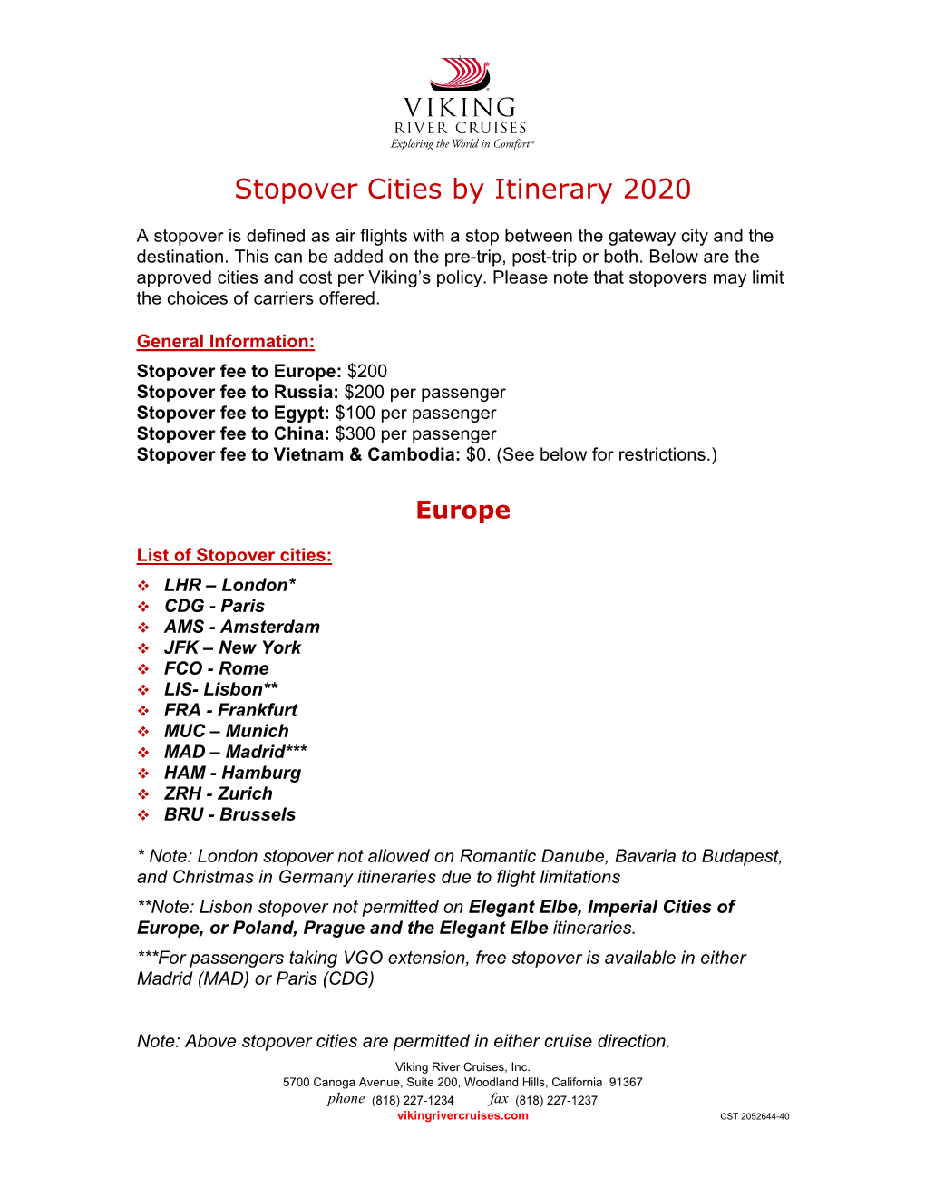 Stopover Cities by Itinerary 2020