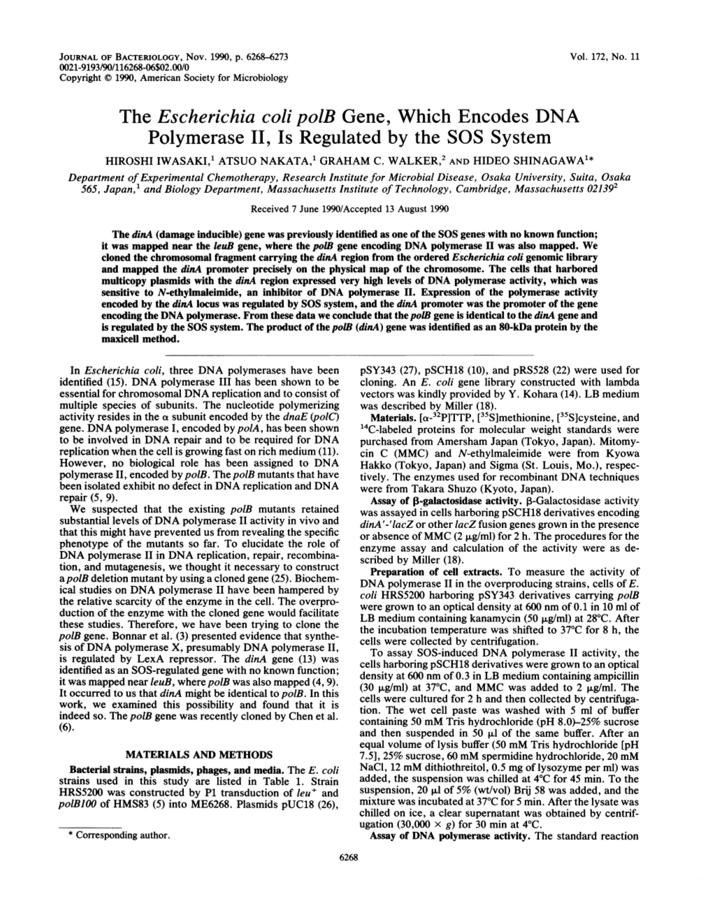 The Escherichia Coli Polb Gene, Which Encodes DNA Polymerase II, Is Regulated by the SOS System HIROSHI IWASAKI,' ATSUO NAKATA,1 GRAHAM C