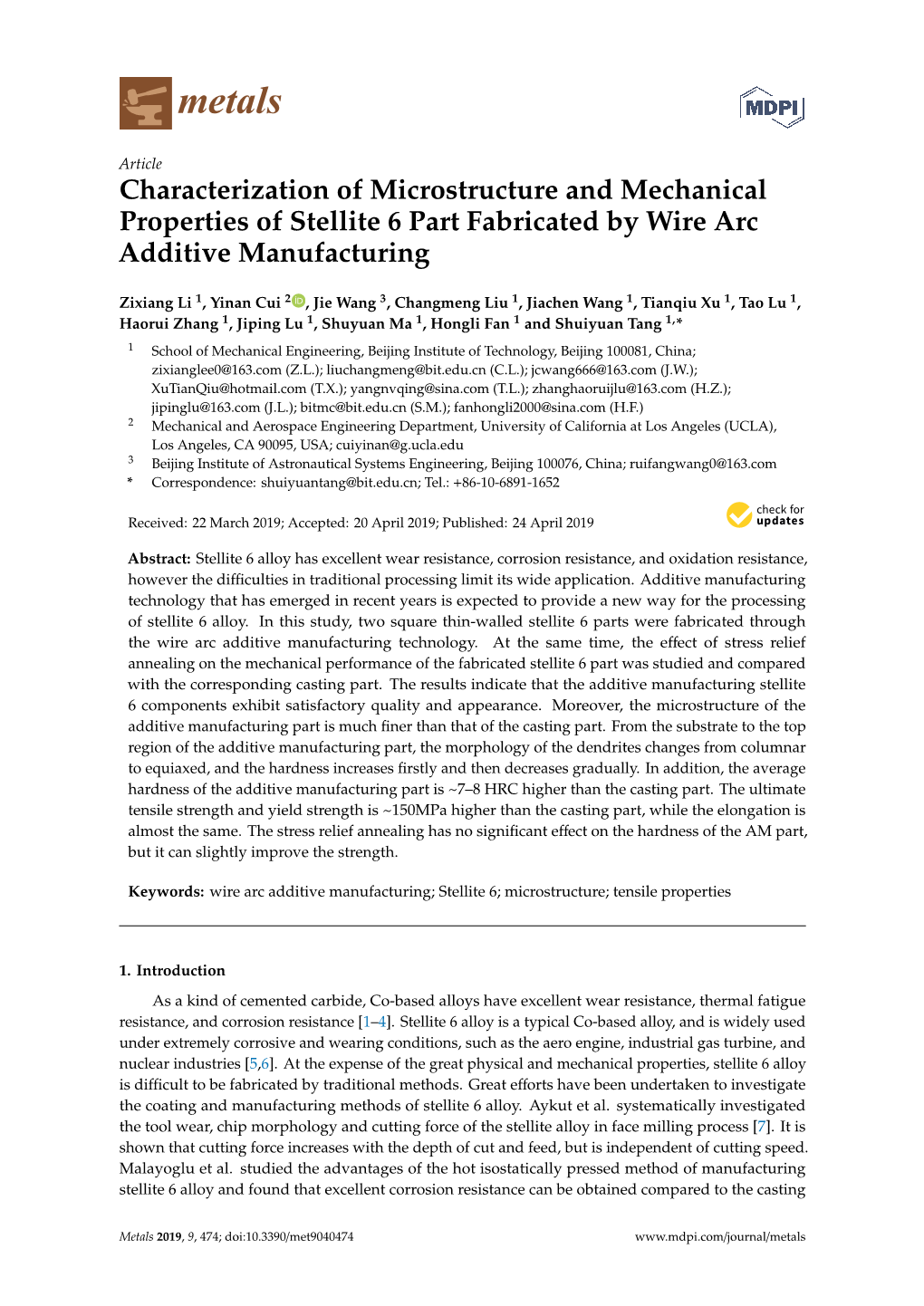 Characterization of Microstructure and Mechanical Properties of Stellite 6 Part Fabricated by Wire Arc Additive Manufacturing