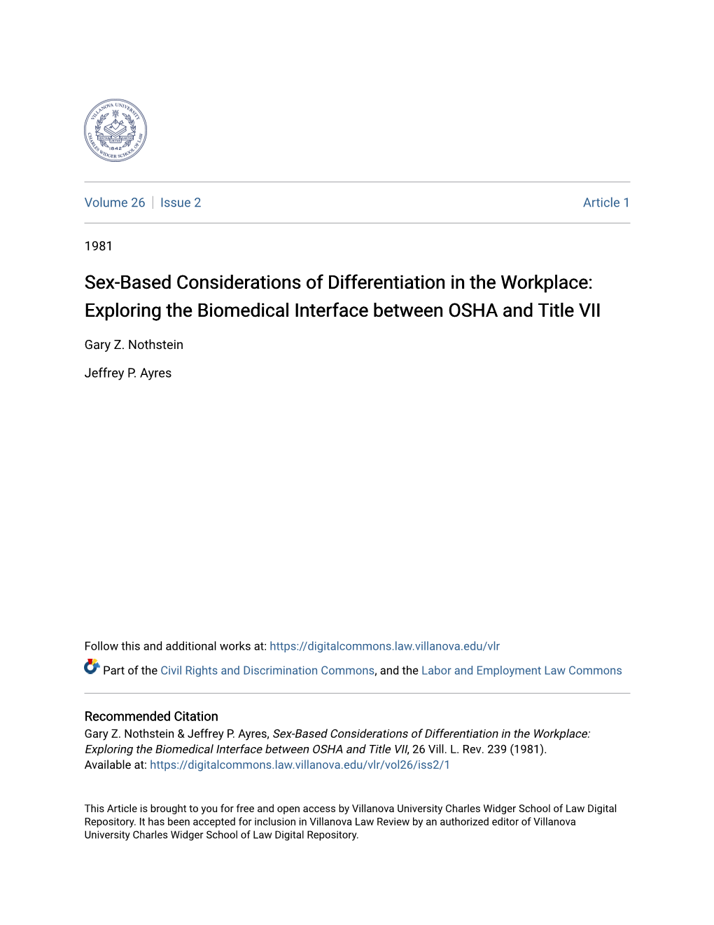 Sex-Based Considerations of Differentiation in the Workplace: Exploring the Biomedical Interface Between OSHA and Title VII