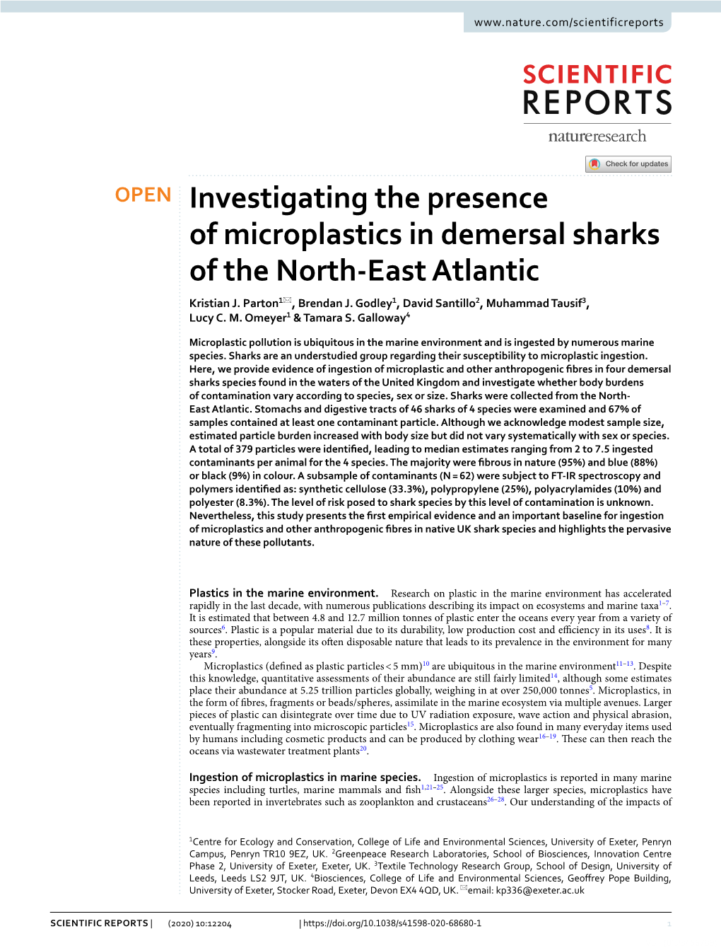 Investigating the Presence of Microplastics in Demersal Sharks of the North-East Atlantic