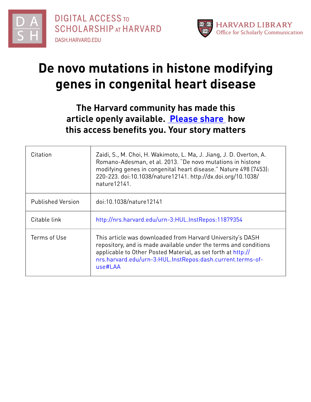 De Novo Mutations in Histone Modifying Genes in Congenital Heart Disease